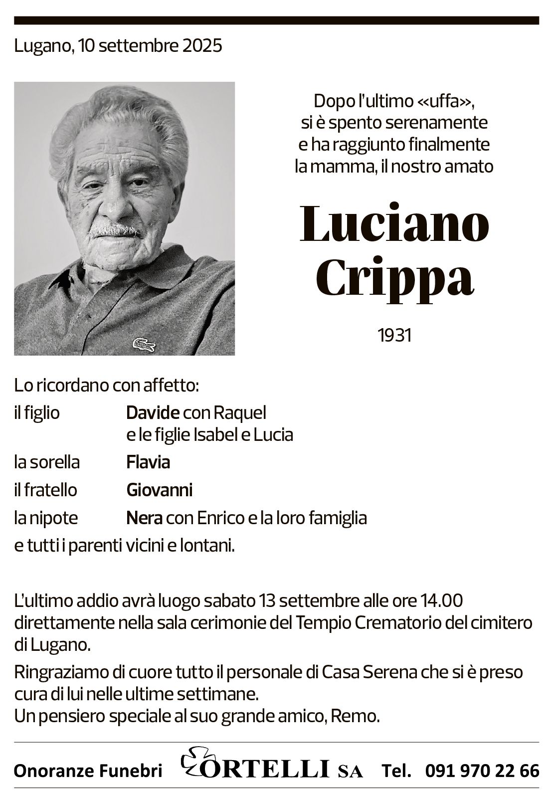 Annuncio funebre Luciano Crippa