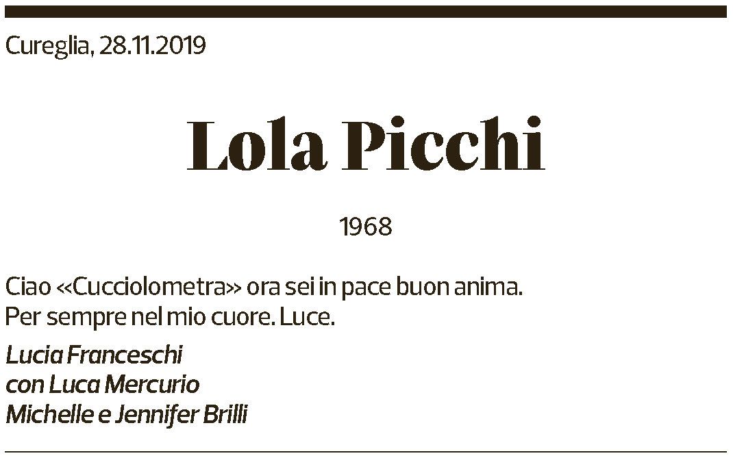 Annuncio funebre Lola Picchi