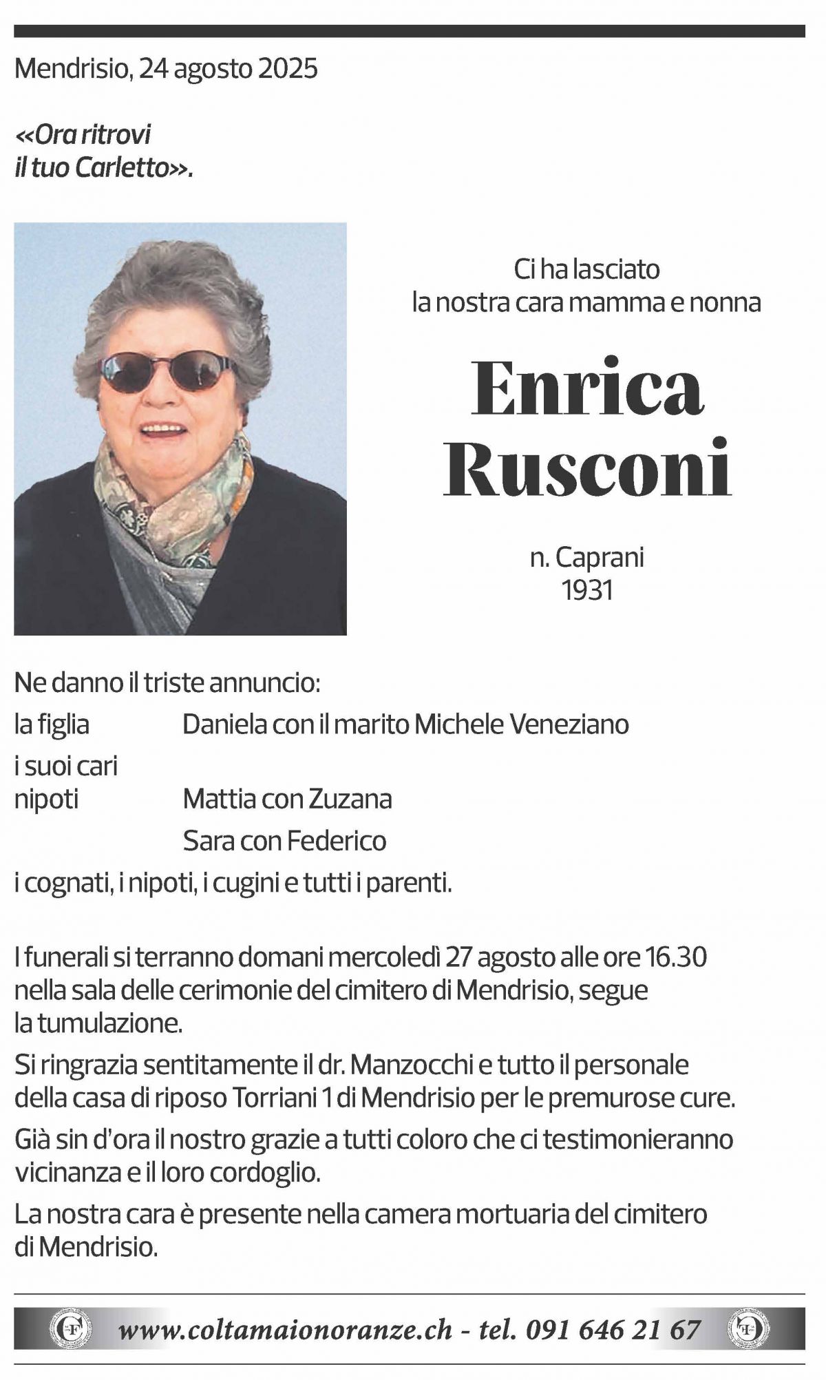 Annuncio funebre Enrica Rusconi