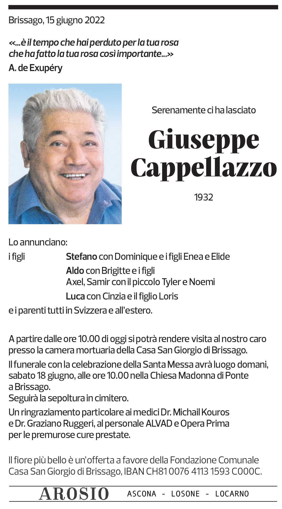 Annuncio funebre Giuseppe Cappellazzo