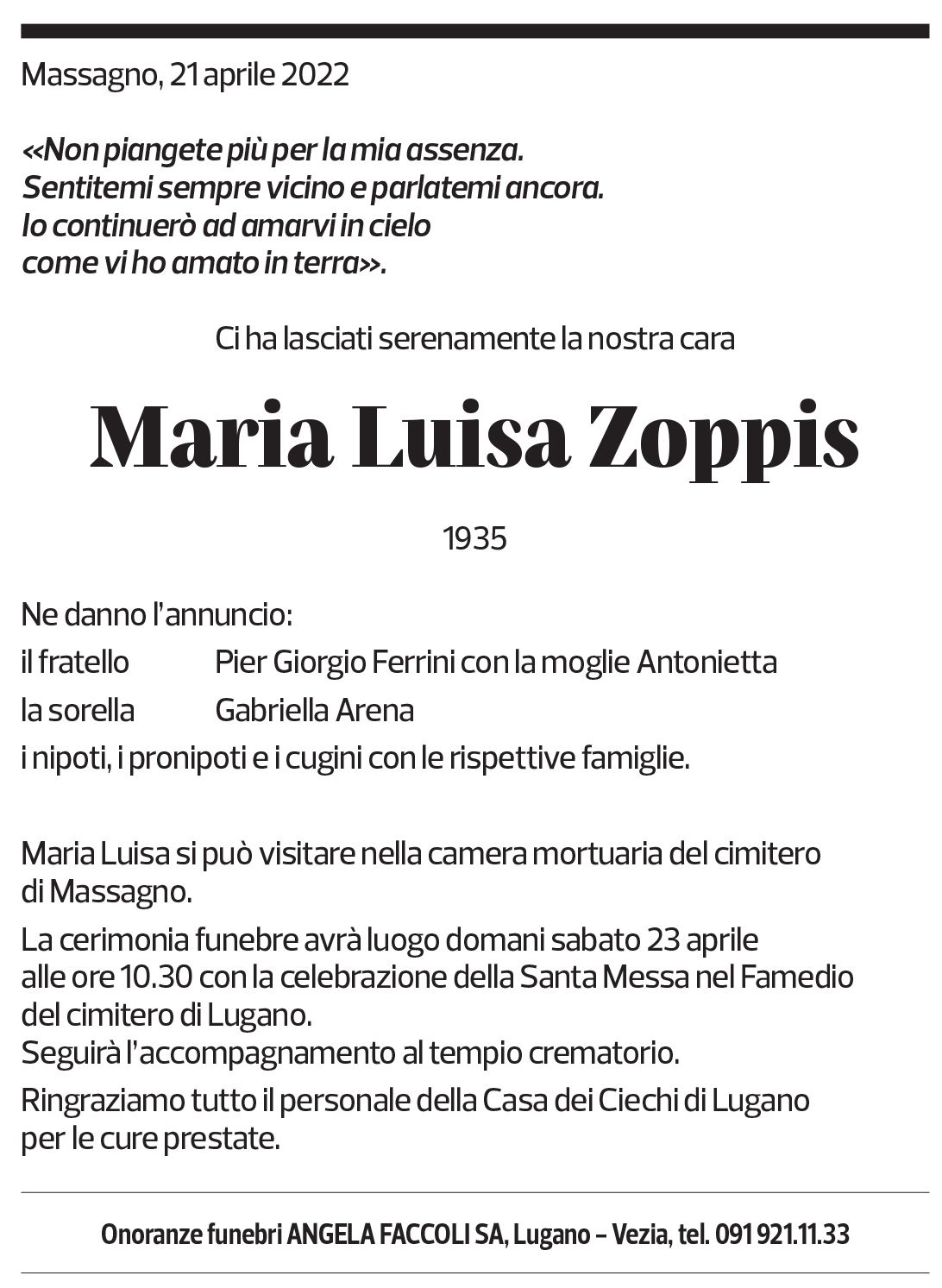 Annuncio funebre Maria Luisa Zoppis