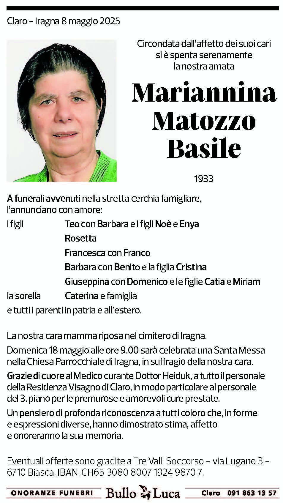 Annuncio funebre Mariannina Matozzo Basile