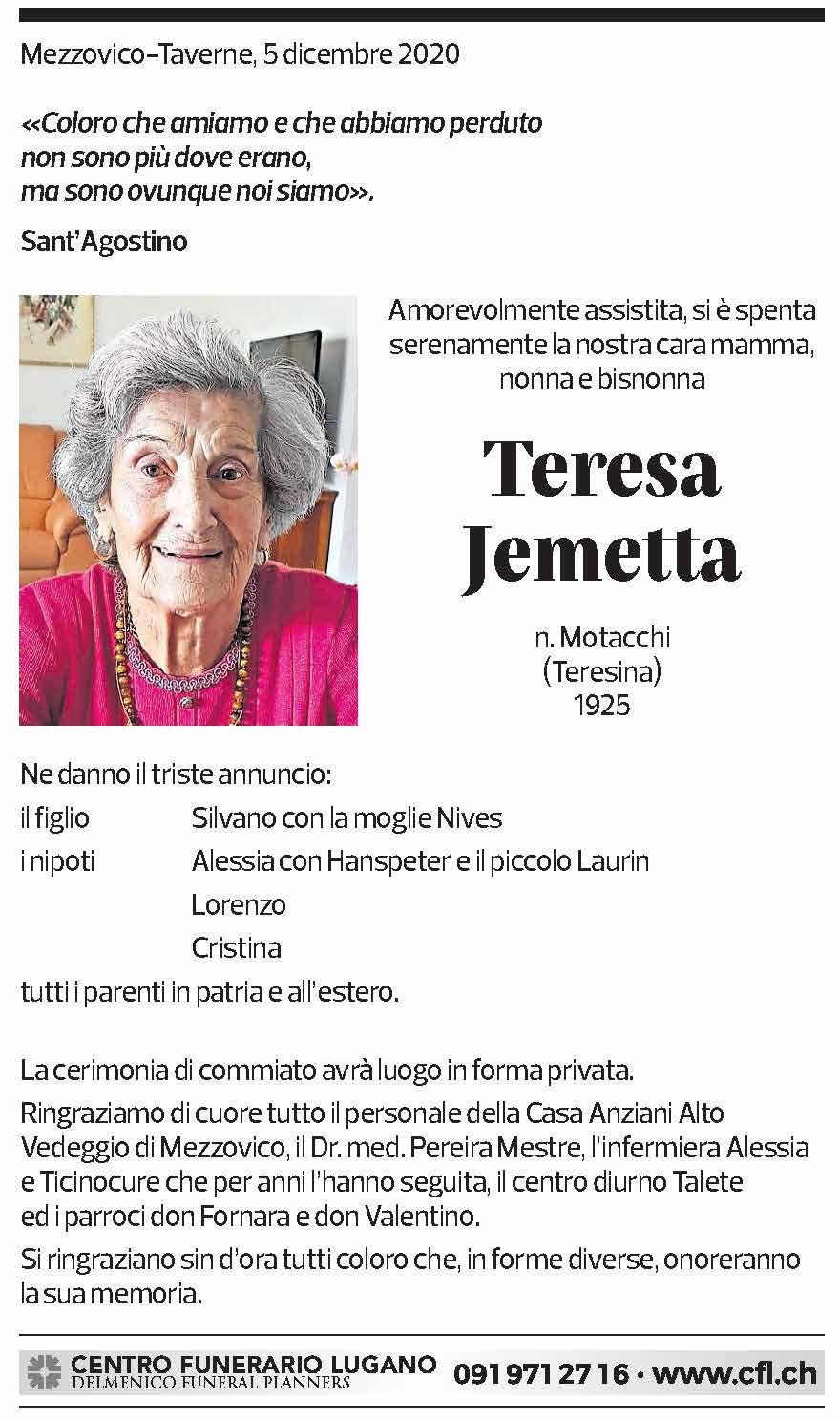 Annuncio funebre Teresa Jemetta