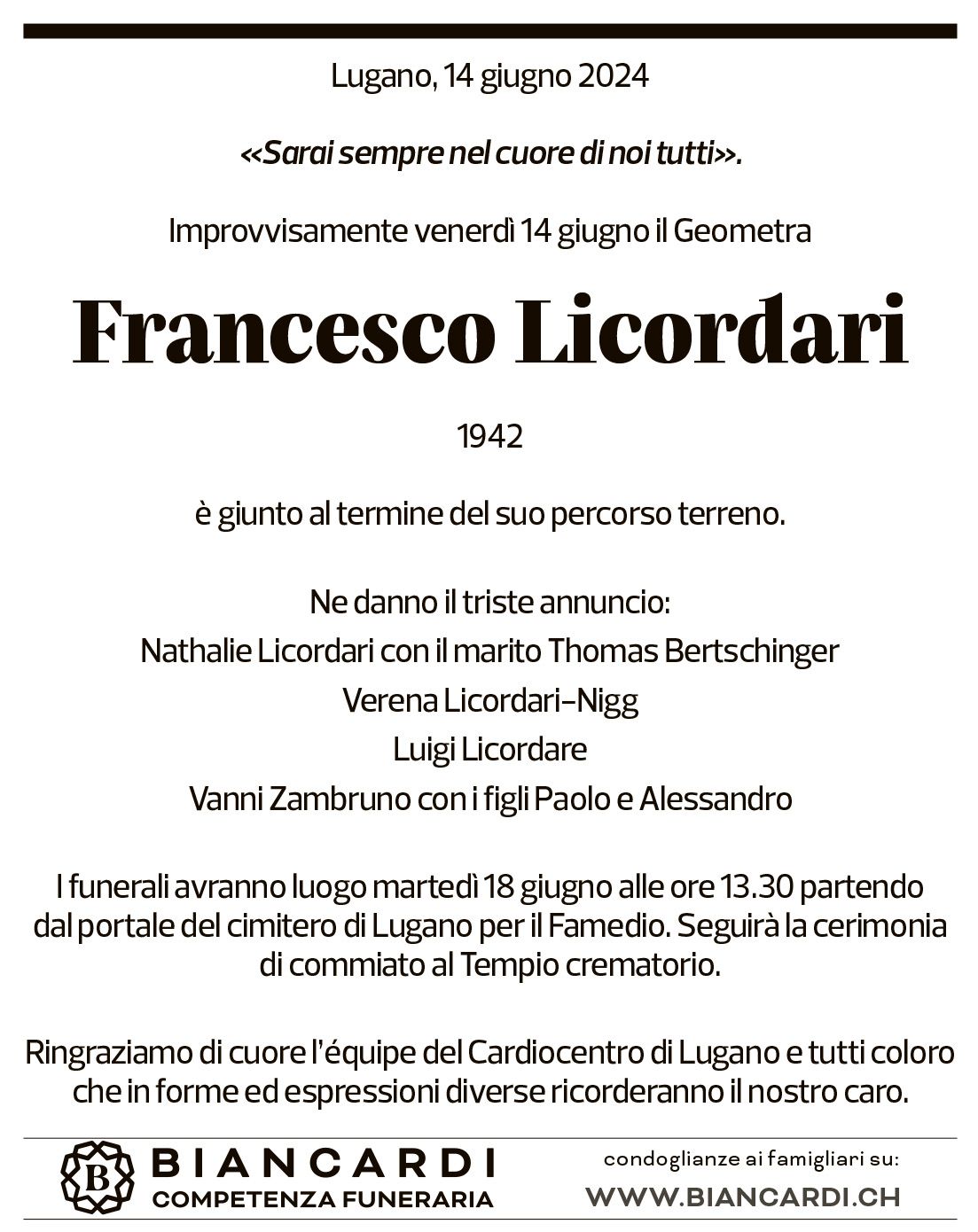 Annuncio funebre Francesco Licordari