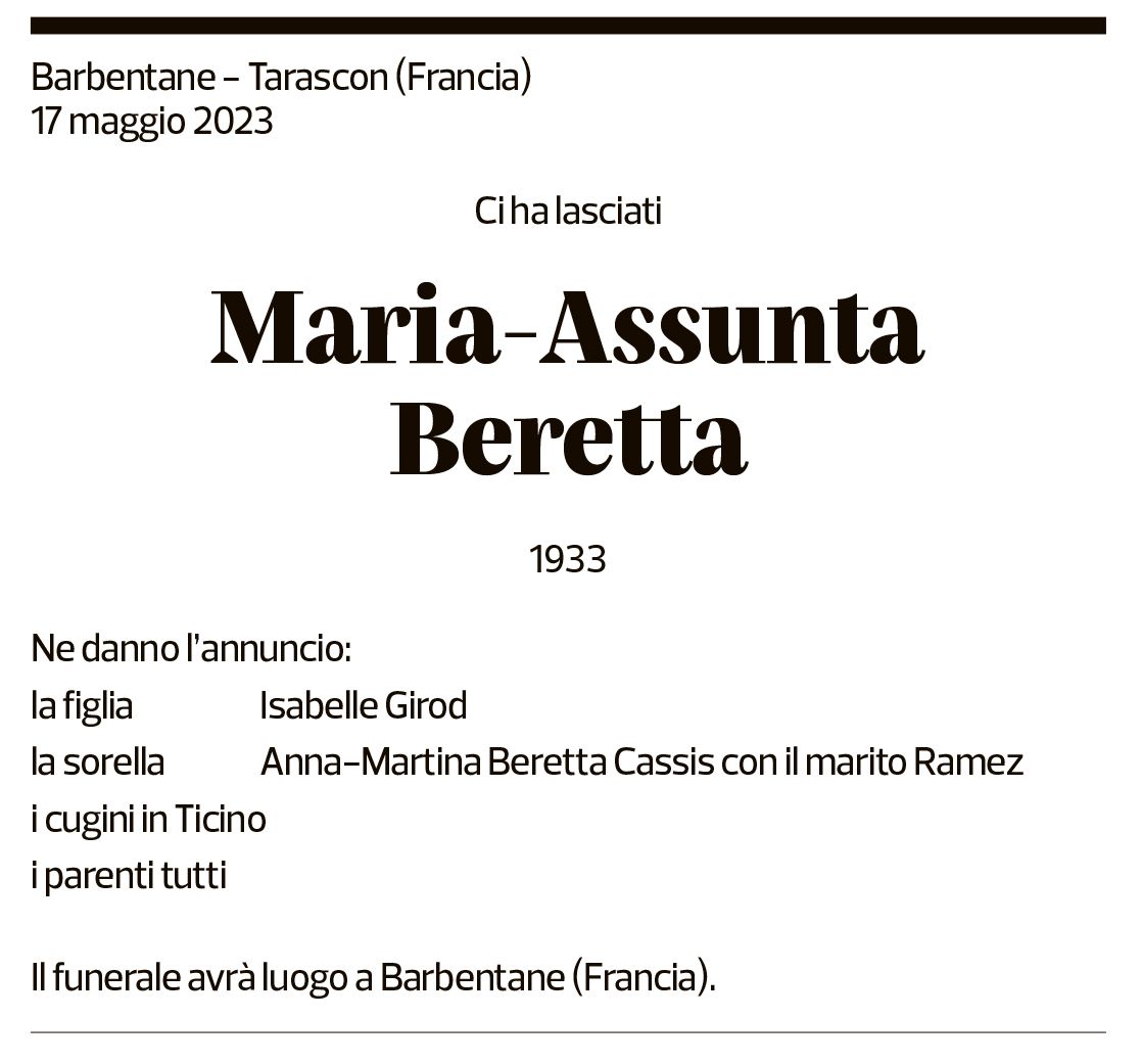 Annuncio funebre Maria-assunta Beretta