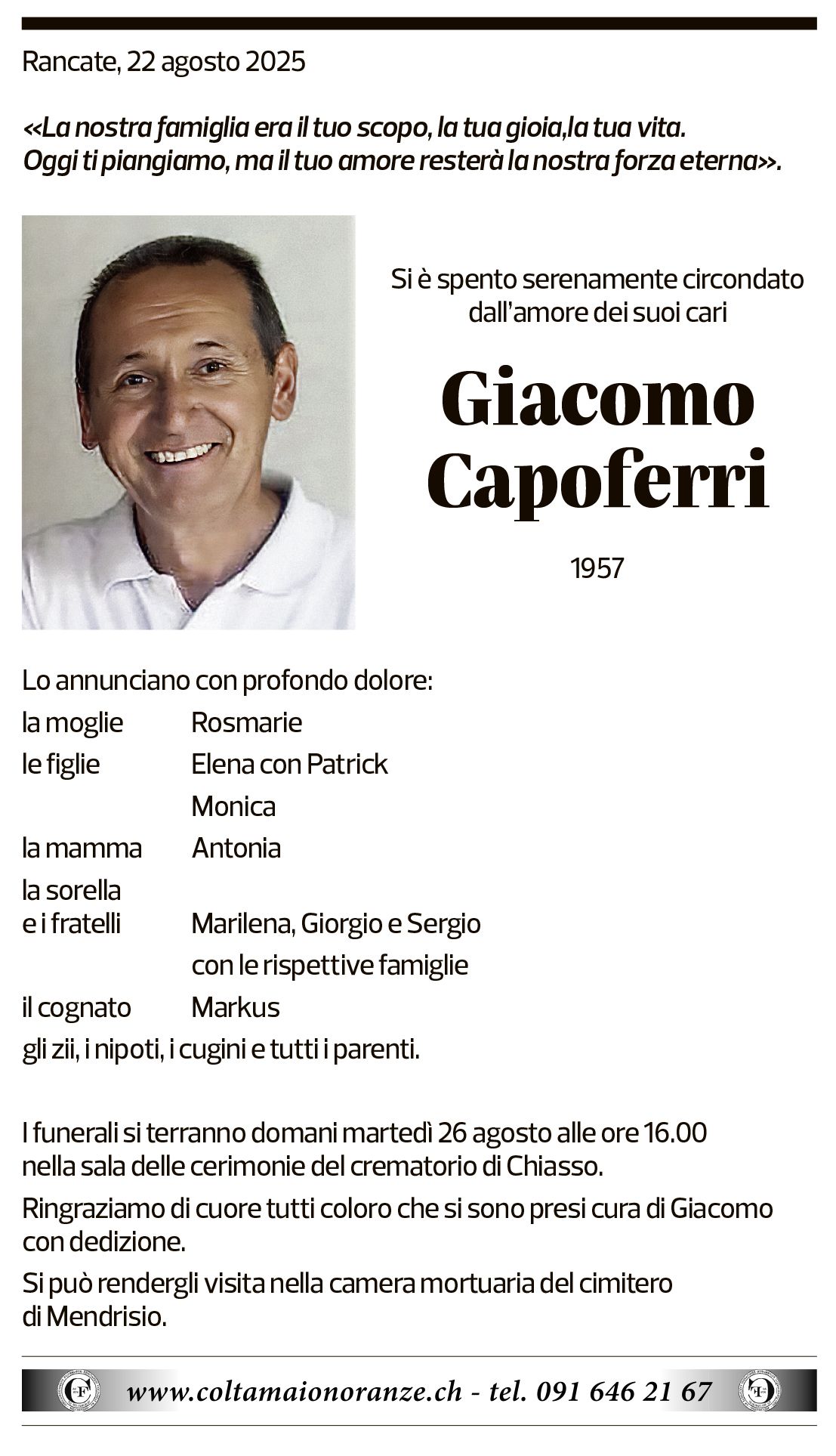Annuncio funebre Giacomo Capoferri