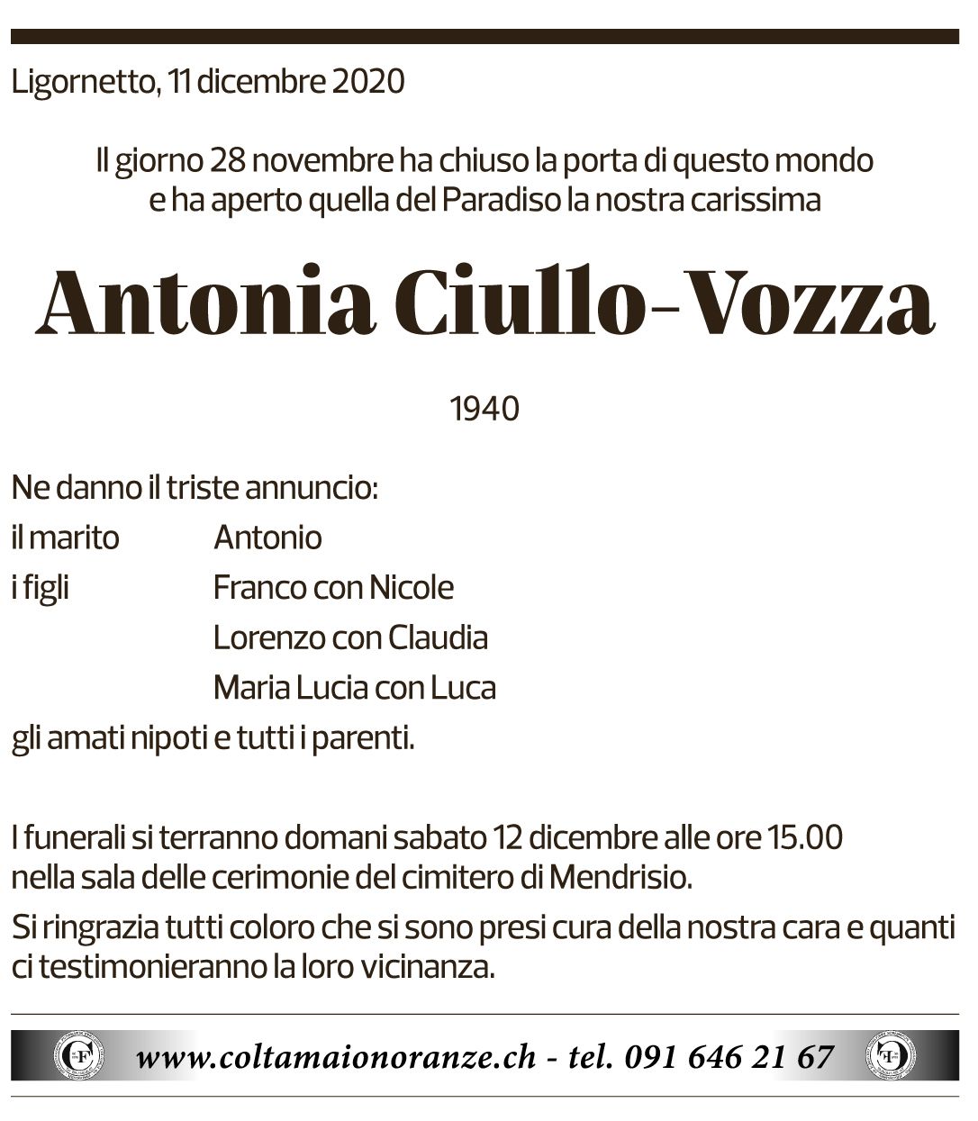 Annuncio funebre Antonia Ciullo-vozza