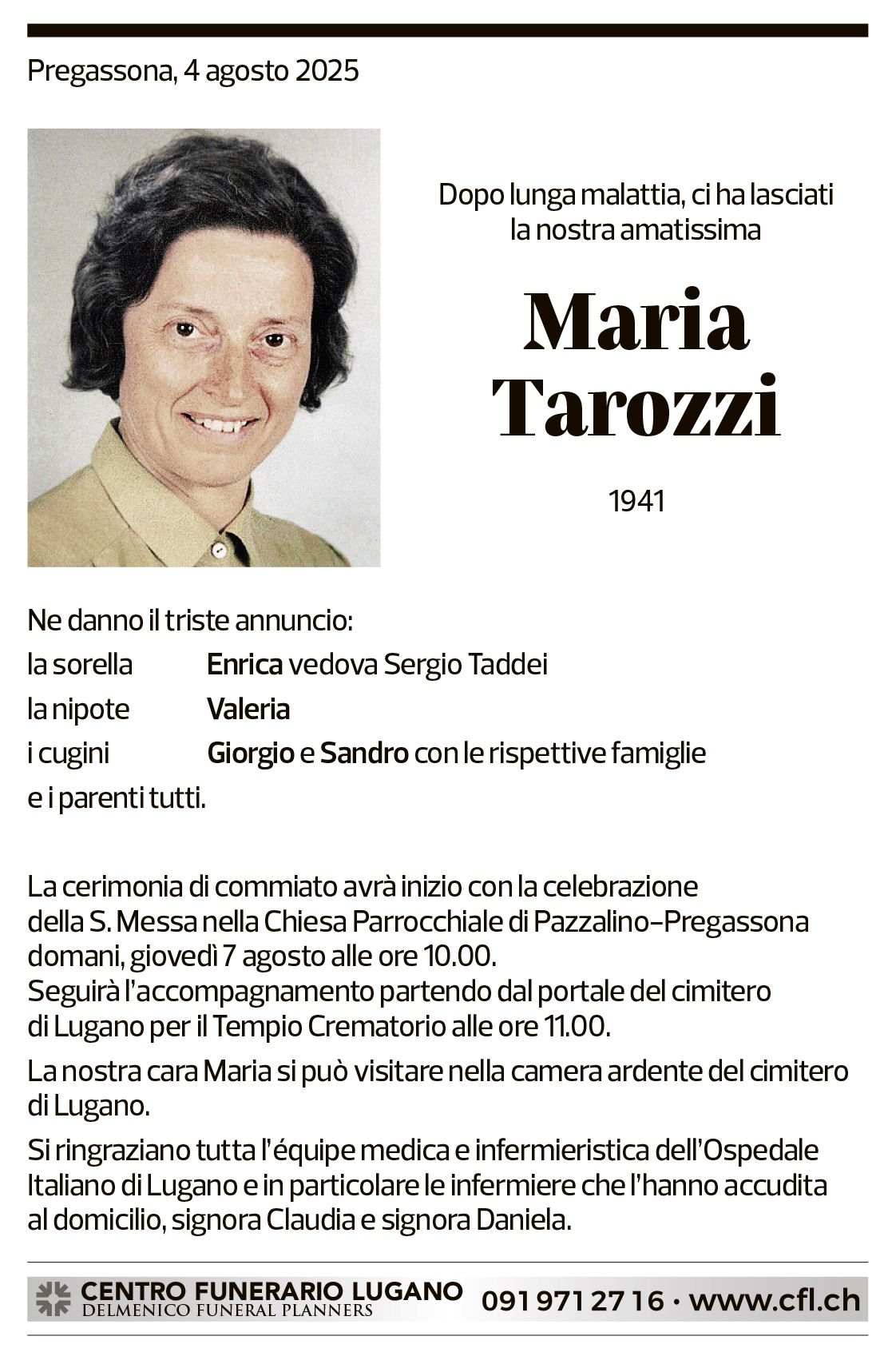 Annuncio funebre Maria Tarozzi
