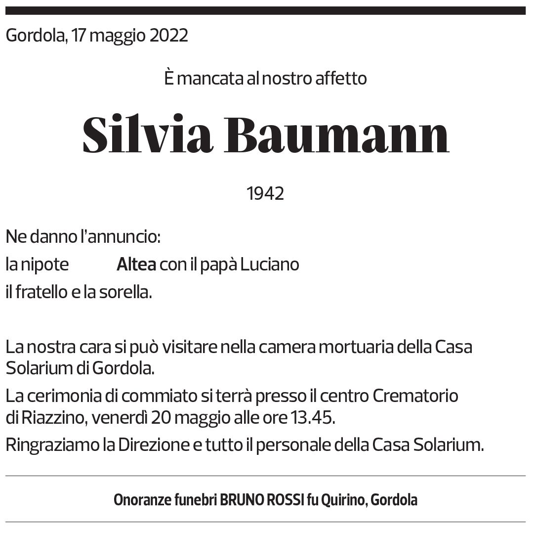 Annuncio funebre Silvia Baumann