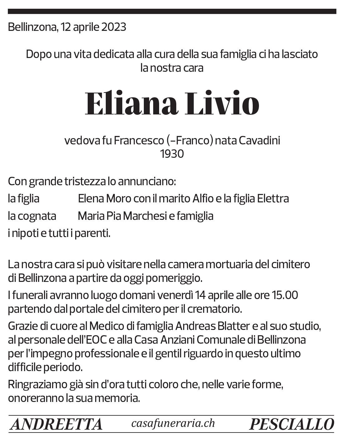 Annuncio funebre Eliana Livio