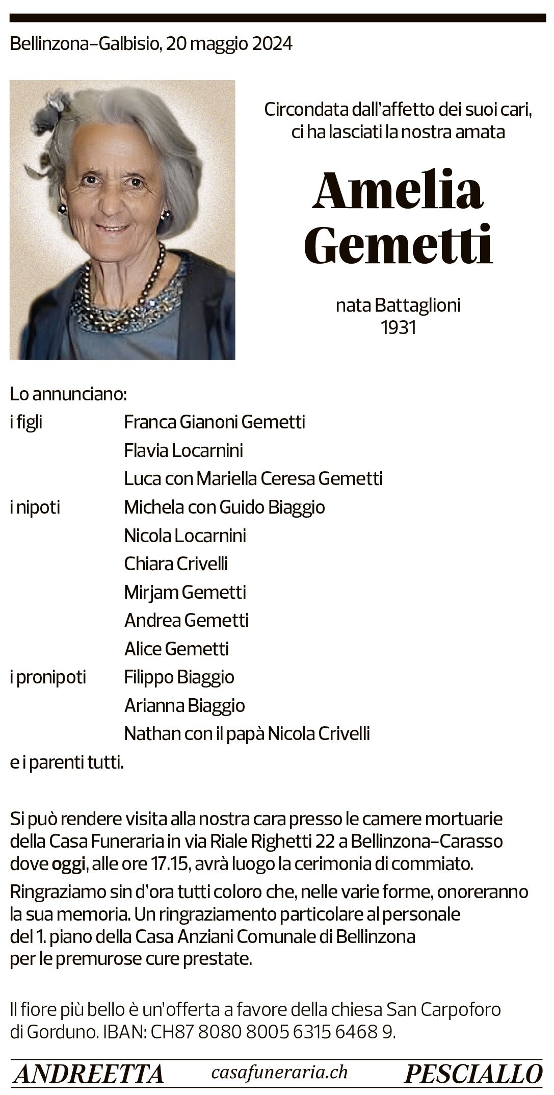 Annuncio funebre Amelia Gemetti