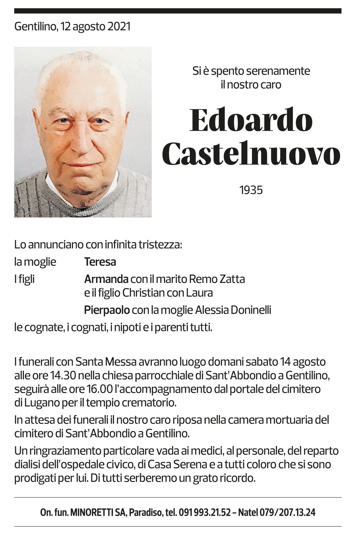 Annuncio funebre Edoardo Castelnuovo