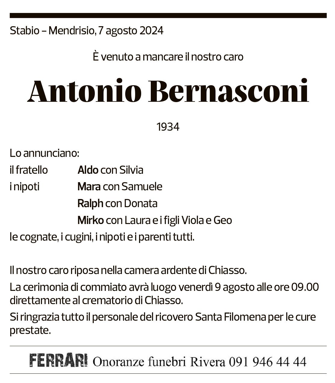 Annuncio funebre Antonio Bernasconi