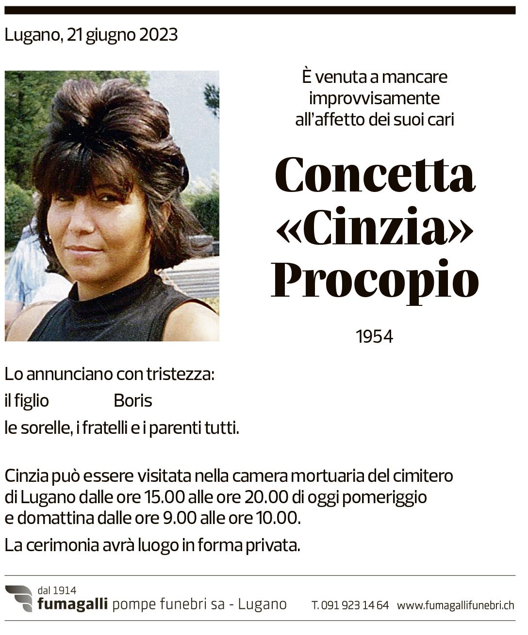 Annuncio funebre Concetta Cinzia Procopio