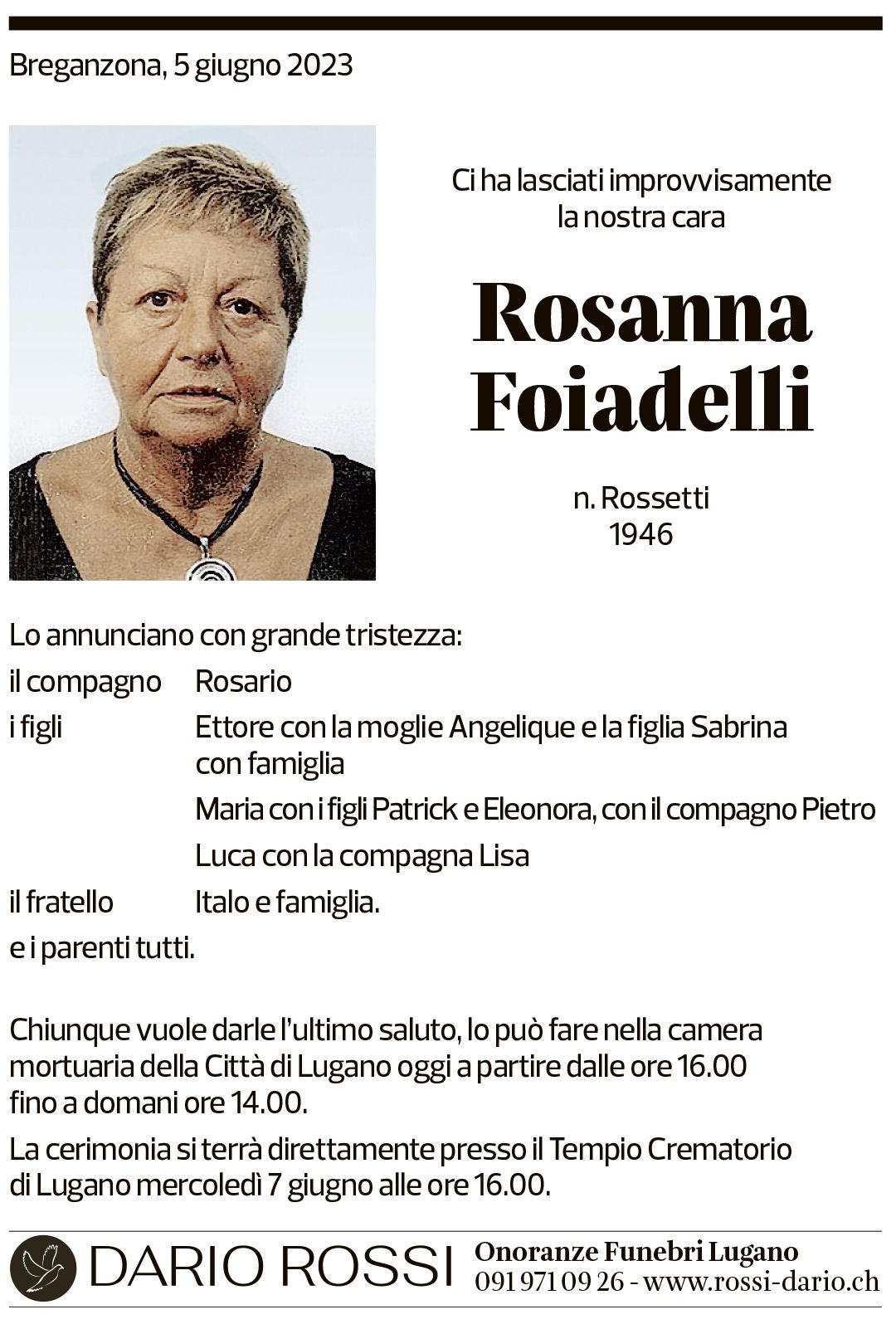 Annuncio funebre Rosanna Foiadelli