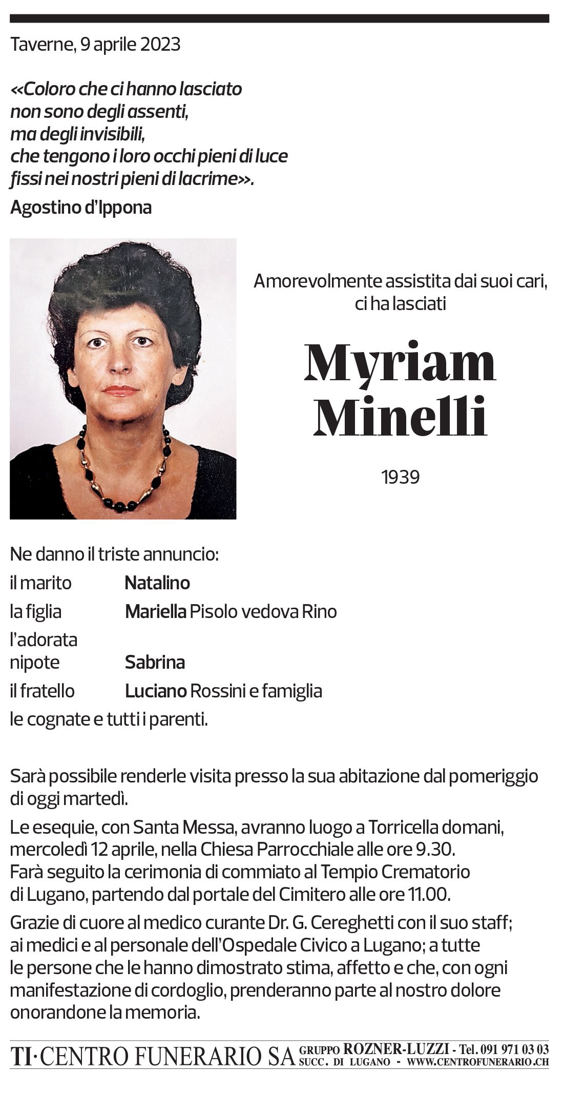 Annuncio funebre Myriam Minelli