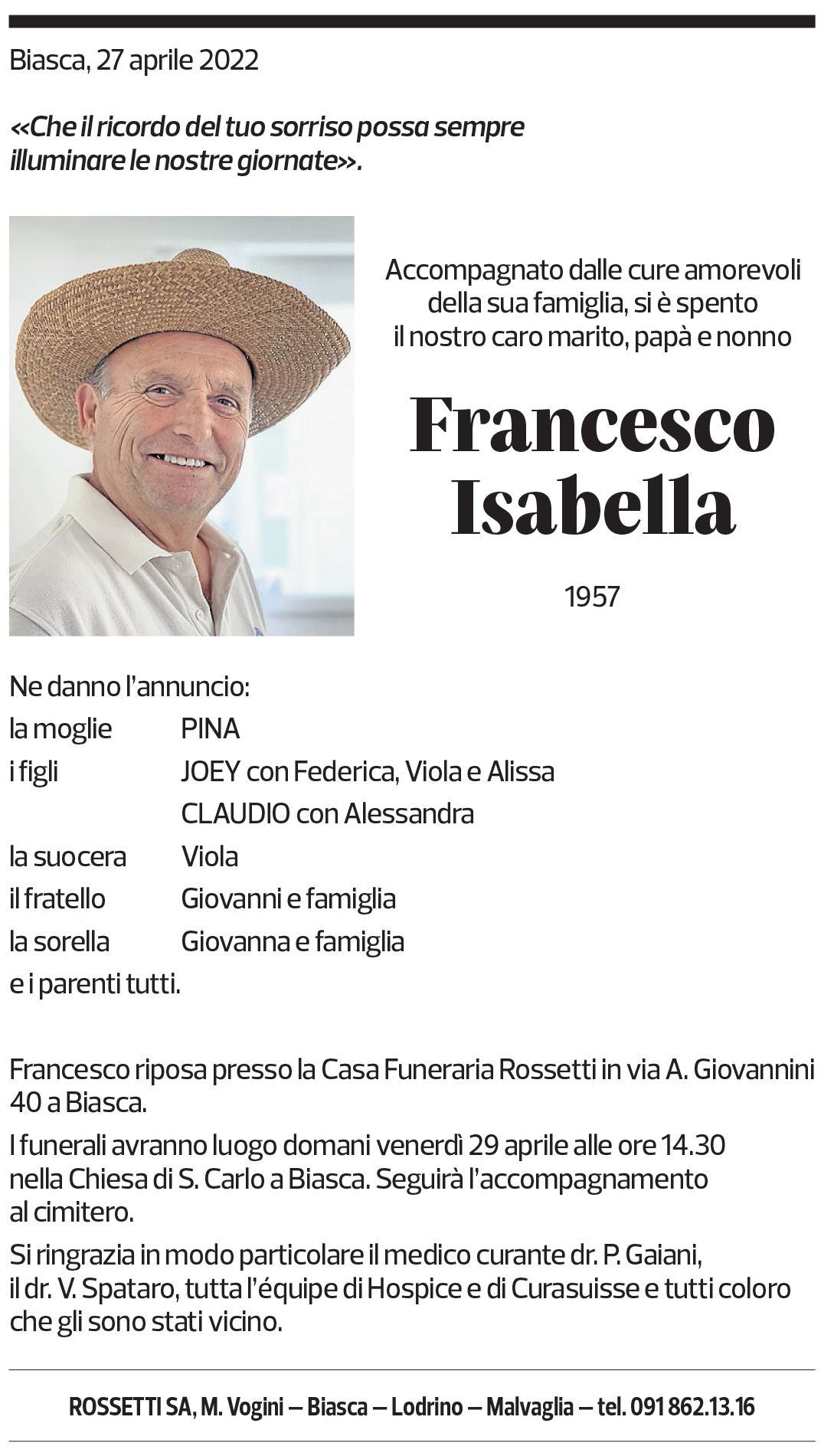 Annuncio funebre Francesco Isabella