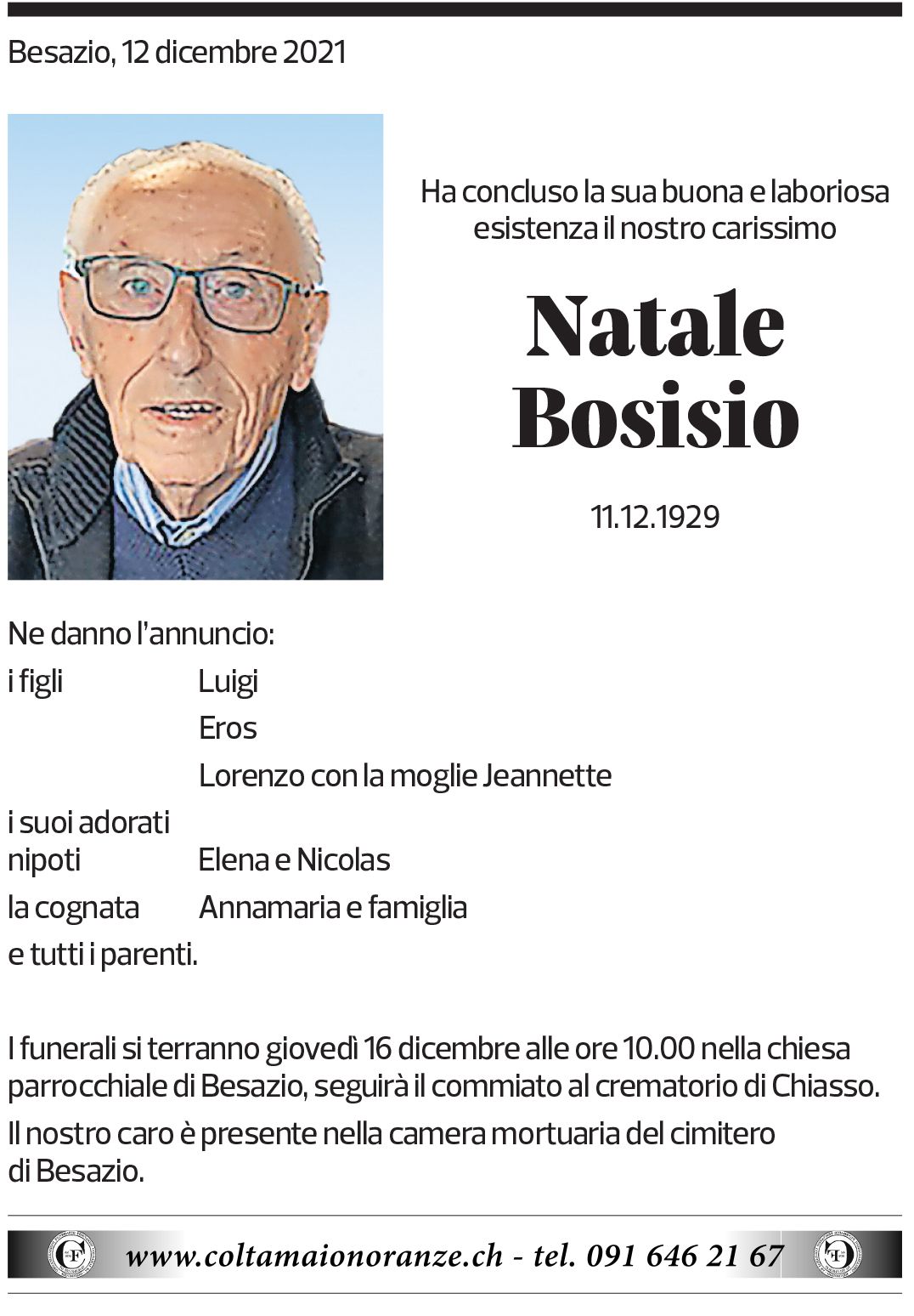 Annuncio funebre Natale Bosisio