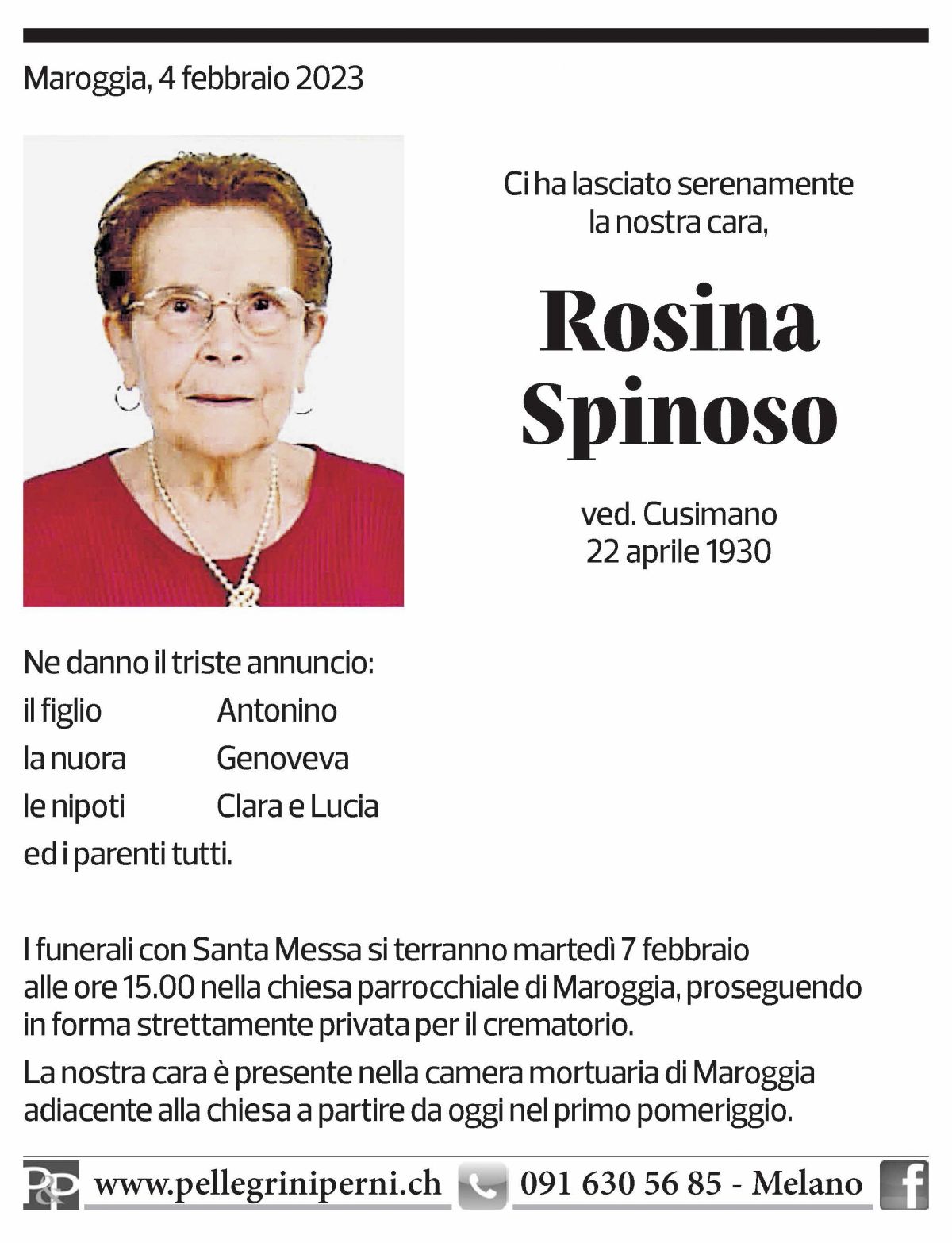 Annuncio funebre Rosina Spinoso