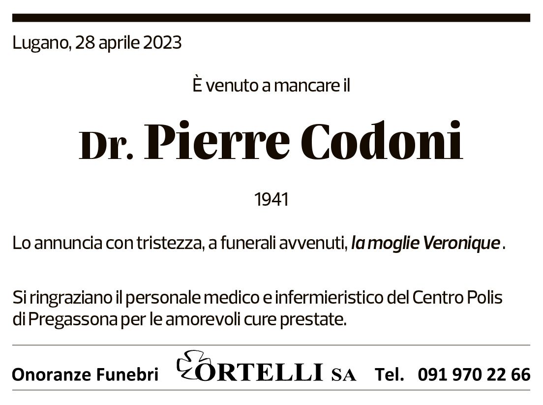 Annuncio funebre Pierre Codoni