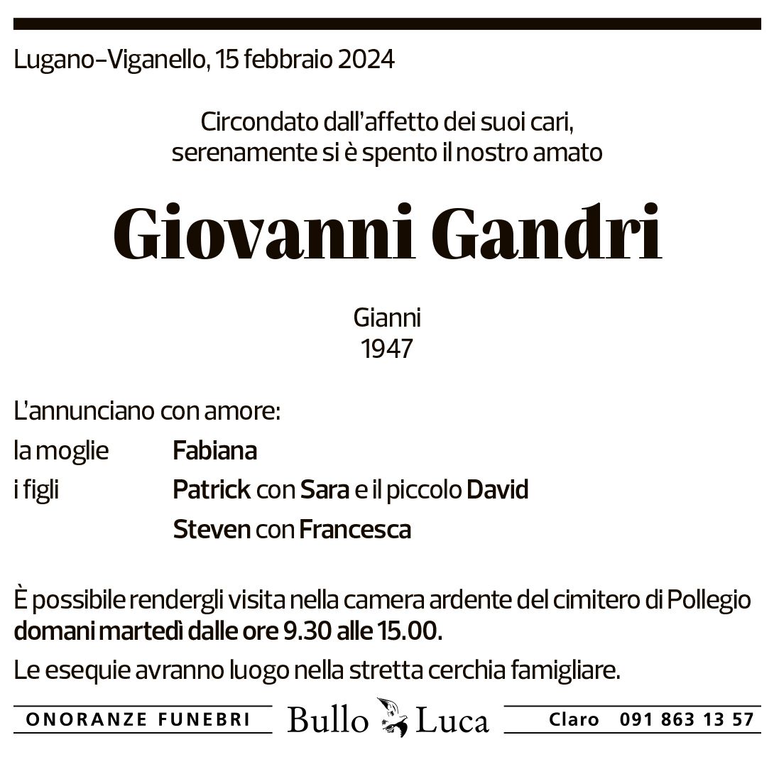 Annuncio funebre Giovanni Gandri