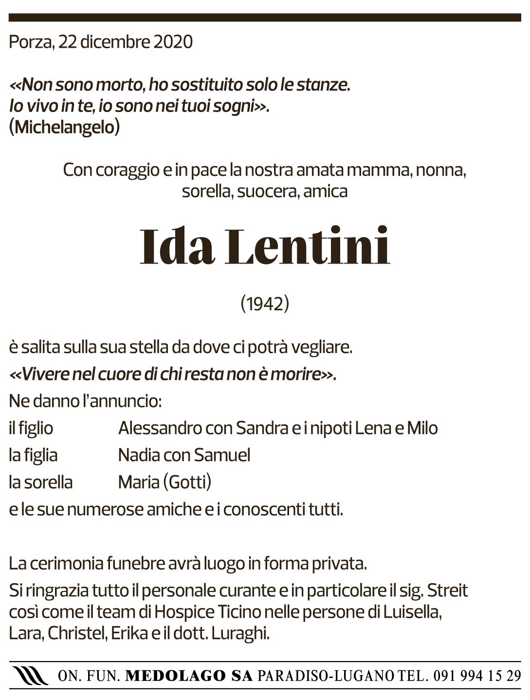 Annuncio funebre Ida Lentini