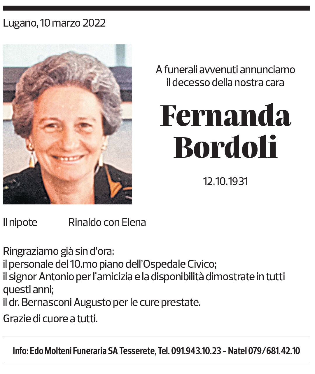 Annuncio funebre Fernanda Bordoli