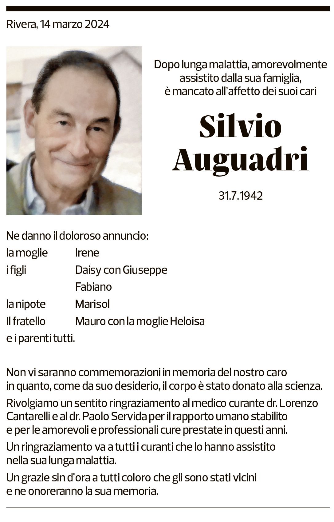 Annuncio funebre Silvio Auguadri