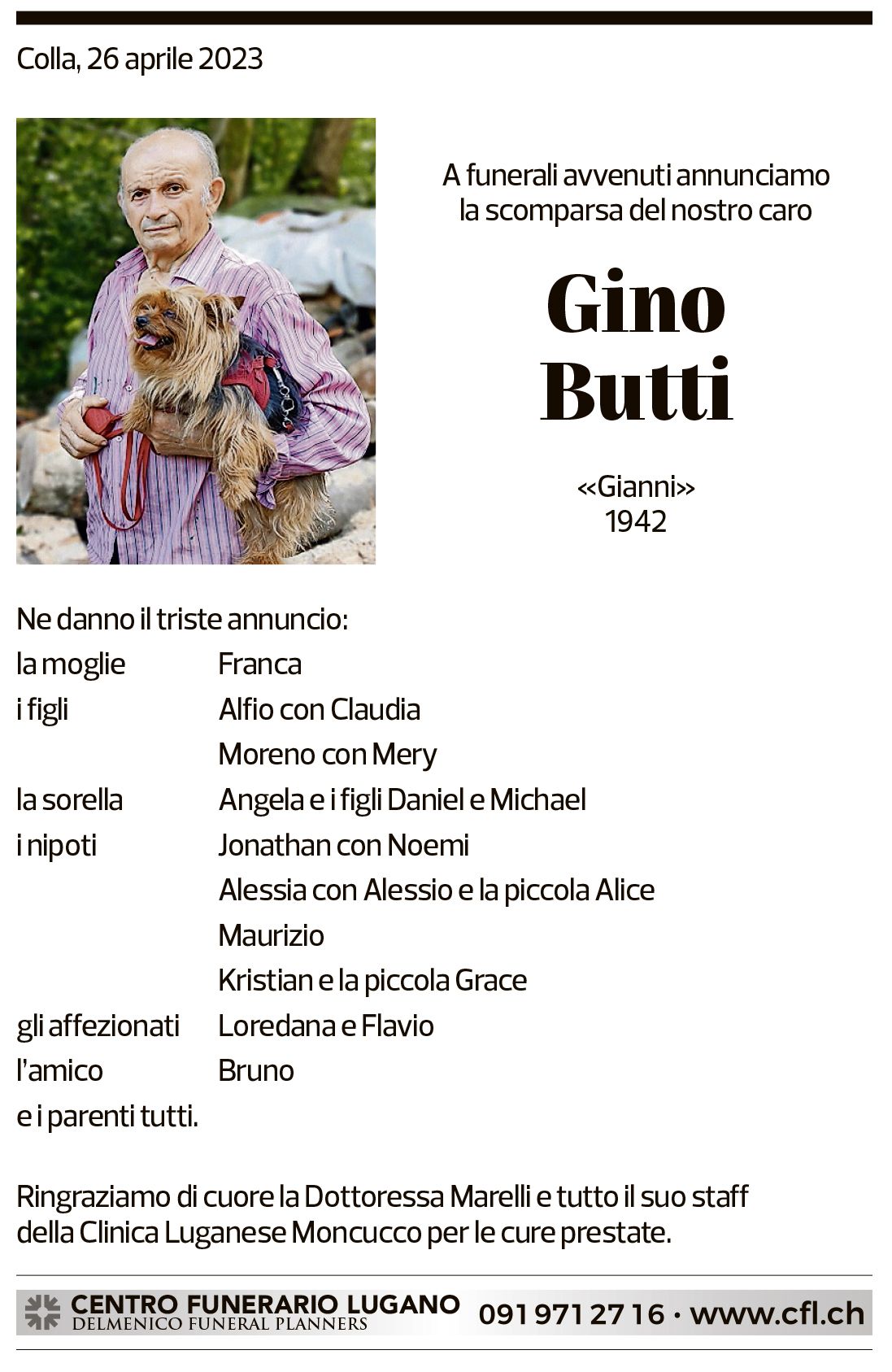 Annuncio funebre Gino Butti