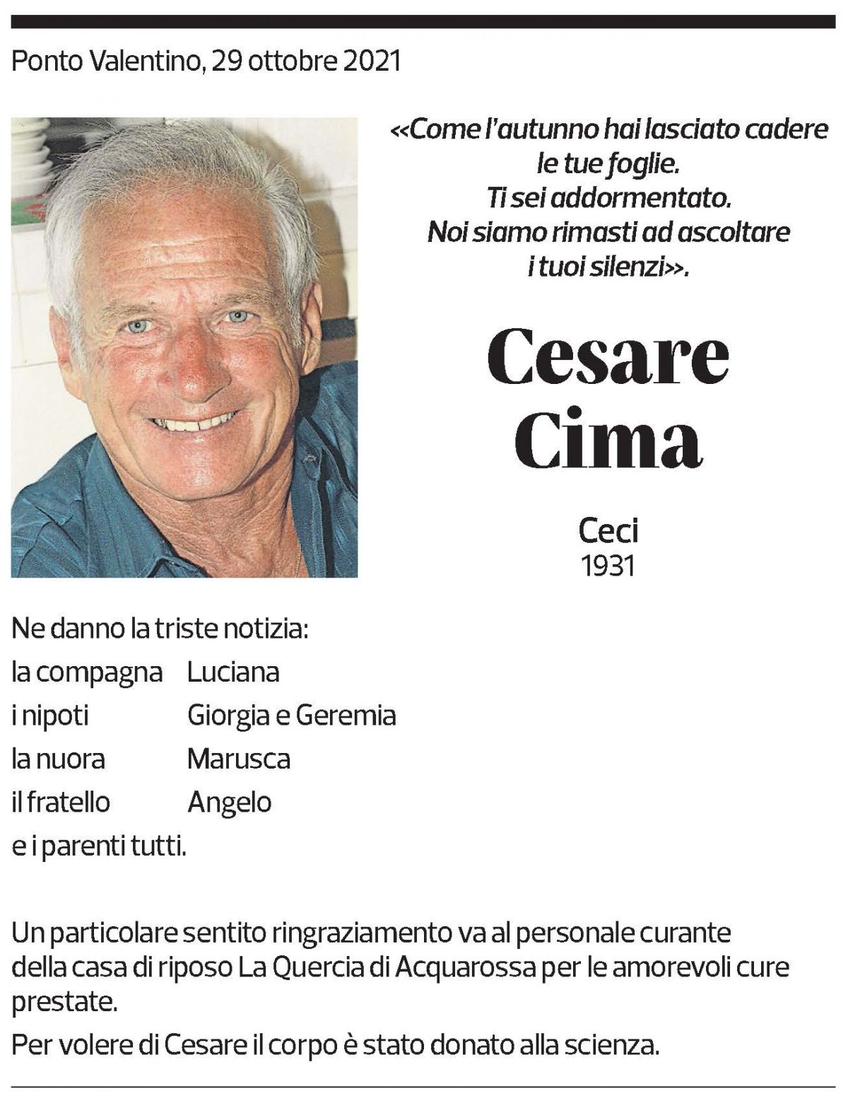 Annuncio funebre Cesare Cima