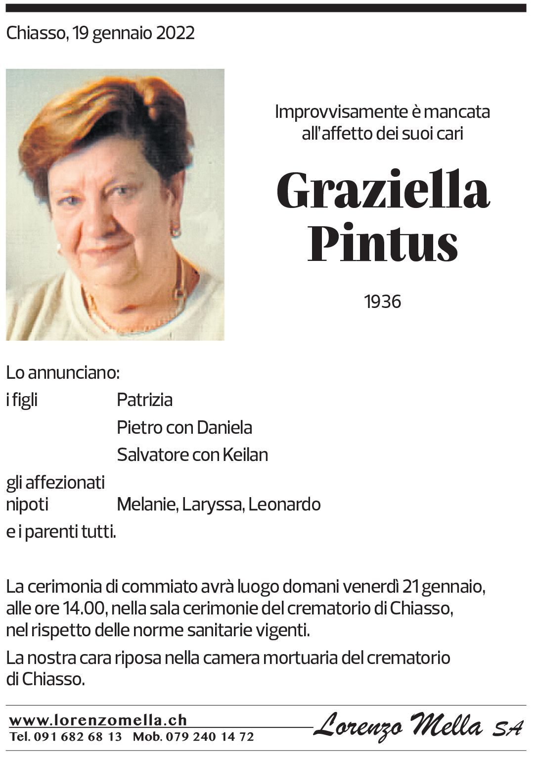 Annuncio funebre Graziella Pintus