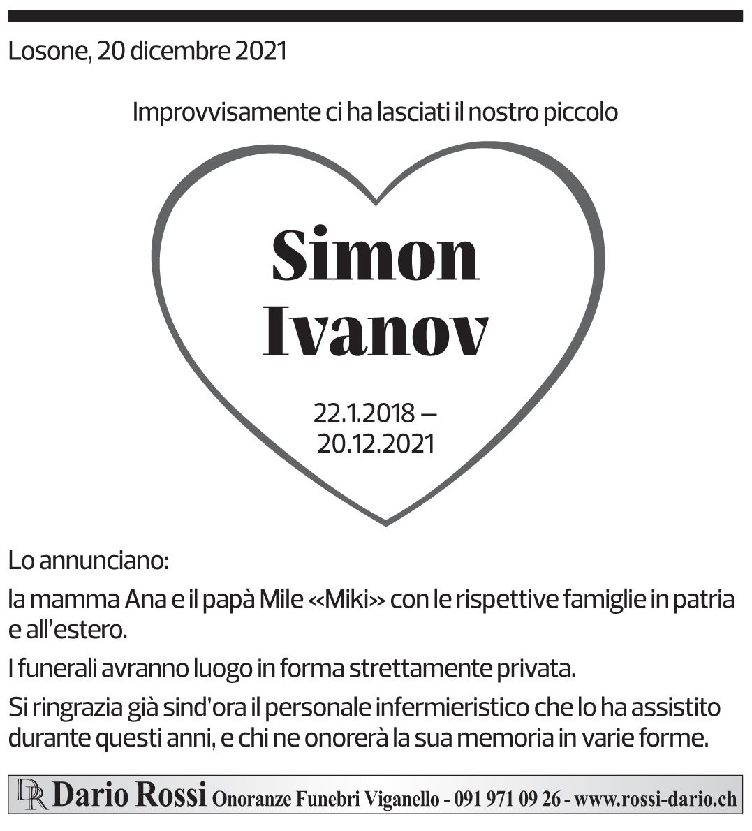 Annuncio funebre Simon Ivanov