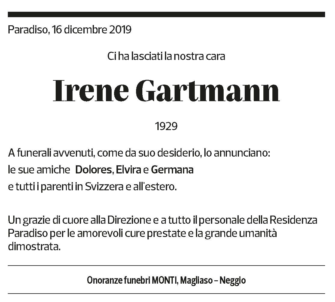 Annuncio funebre Irene Gartmann