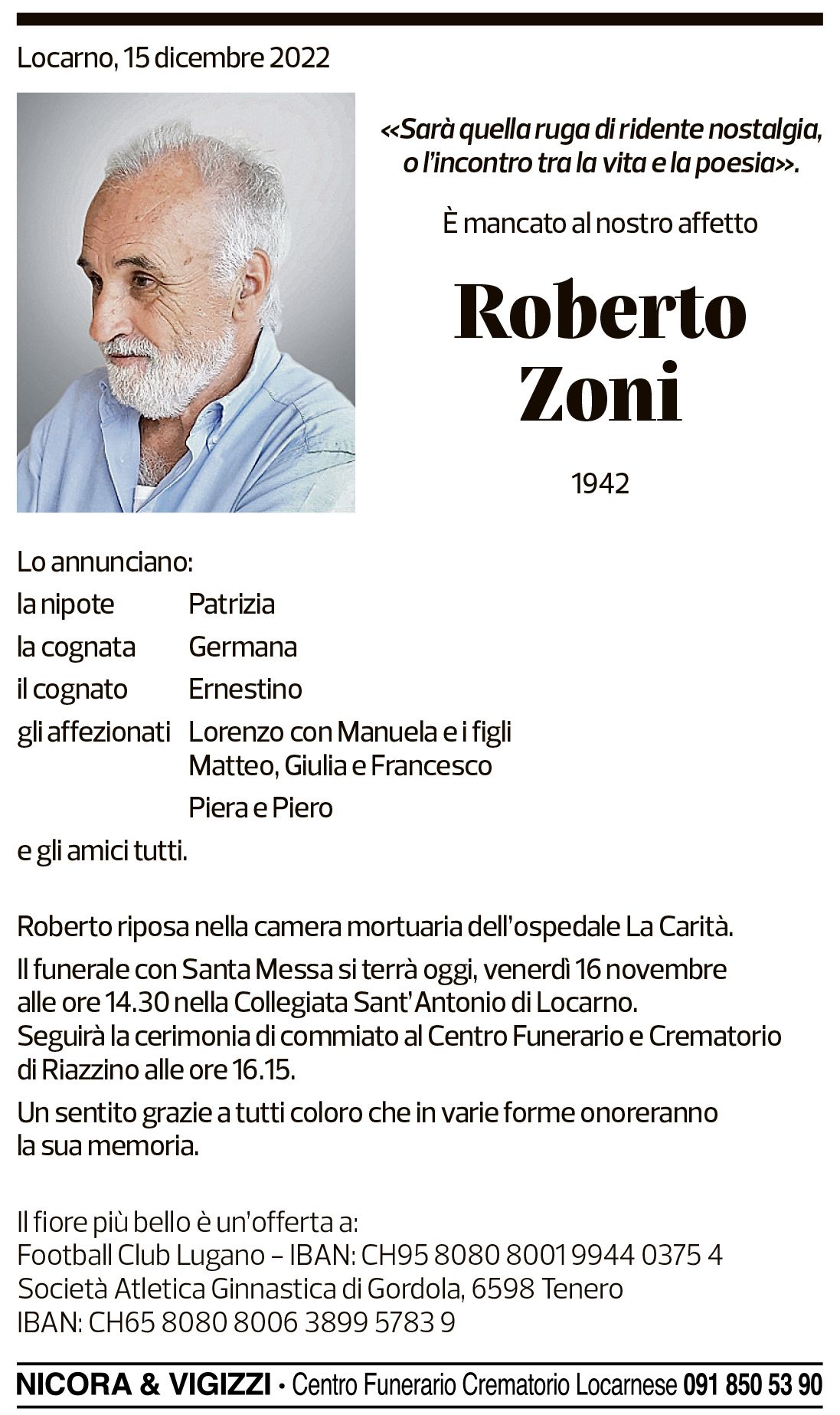 Annuncio funebre Roberto Zoni