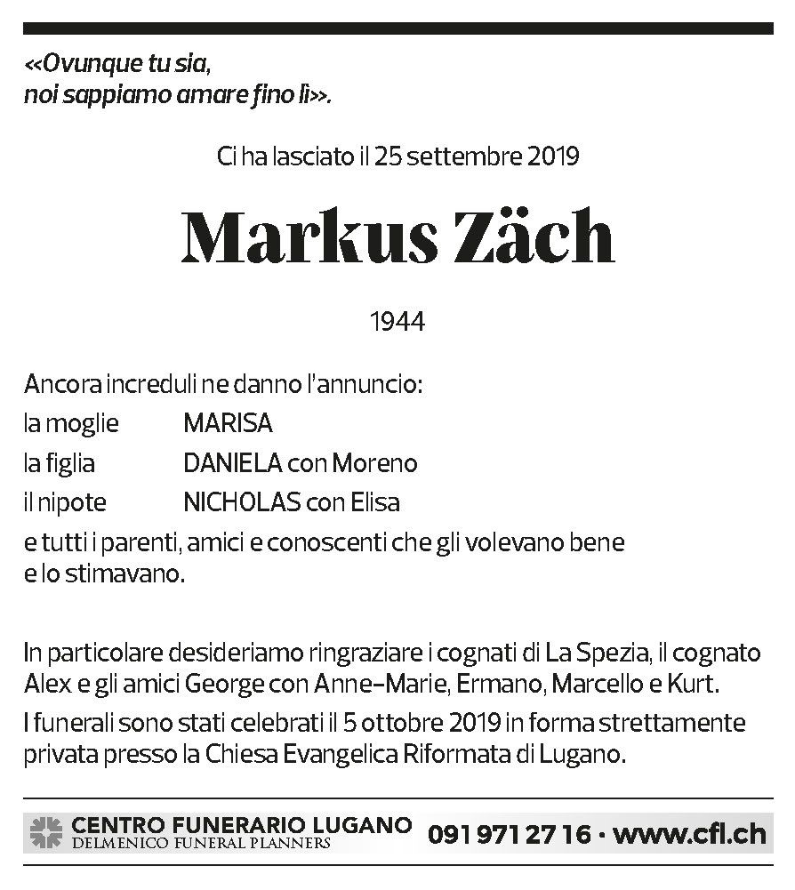 Annuncio funebre Markus Zäch