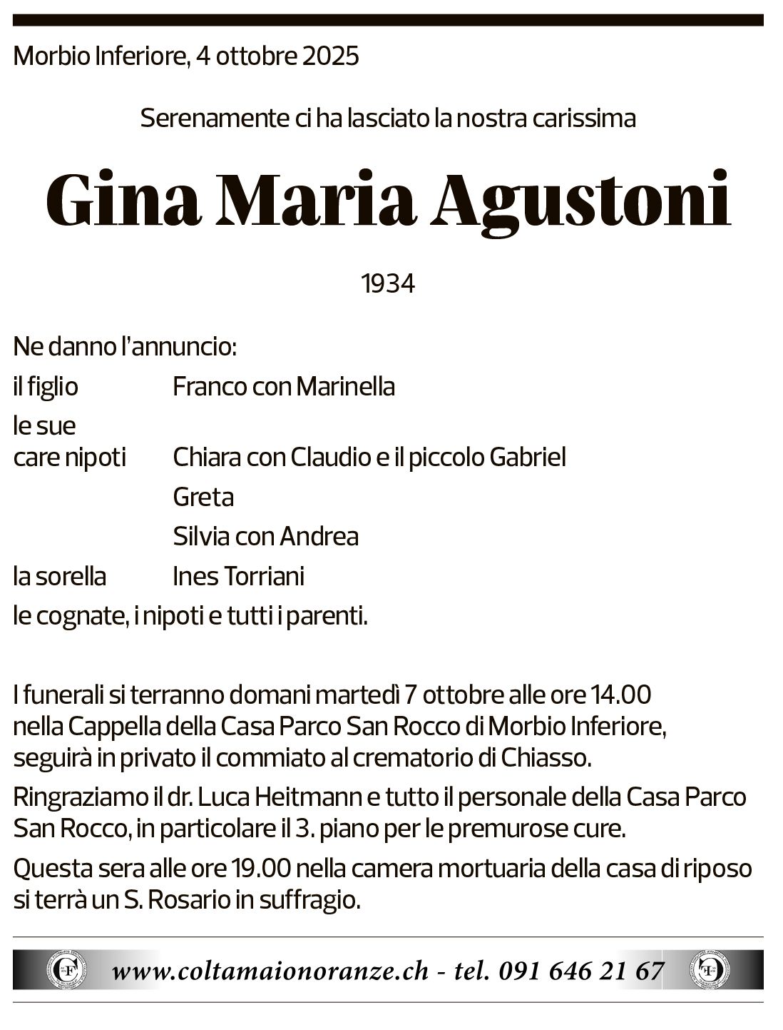 Annuncio funebre Gina Maria Agustoni