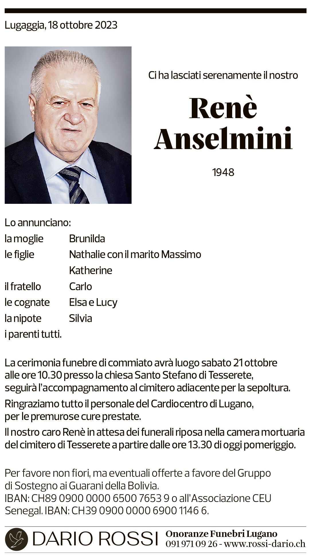 Annuncio funebre Renè Anselmini