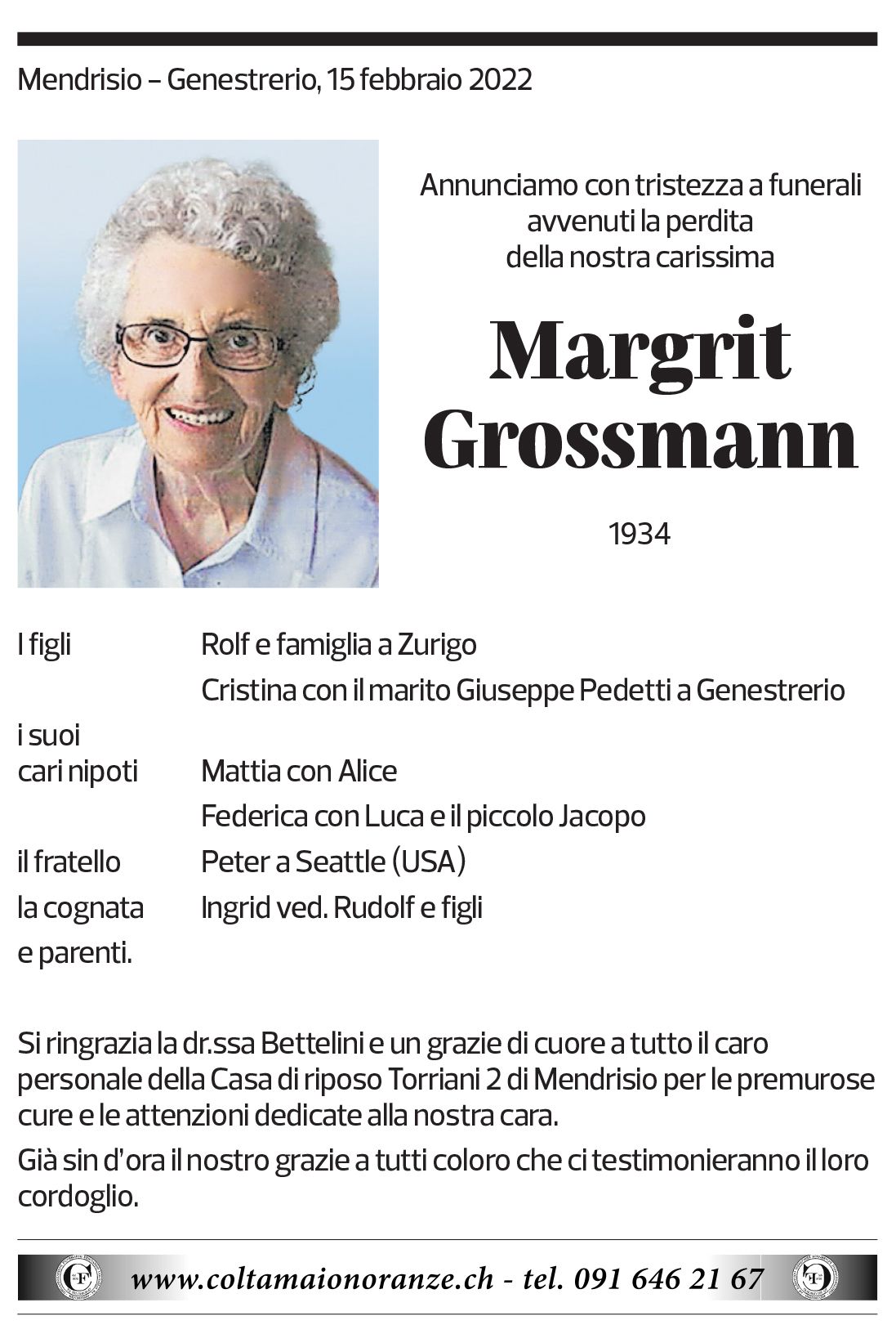 Annuncio funebre Margrit Grossmann