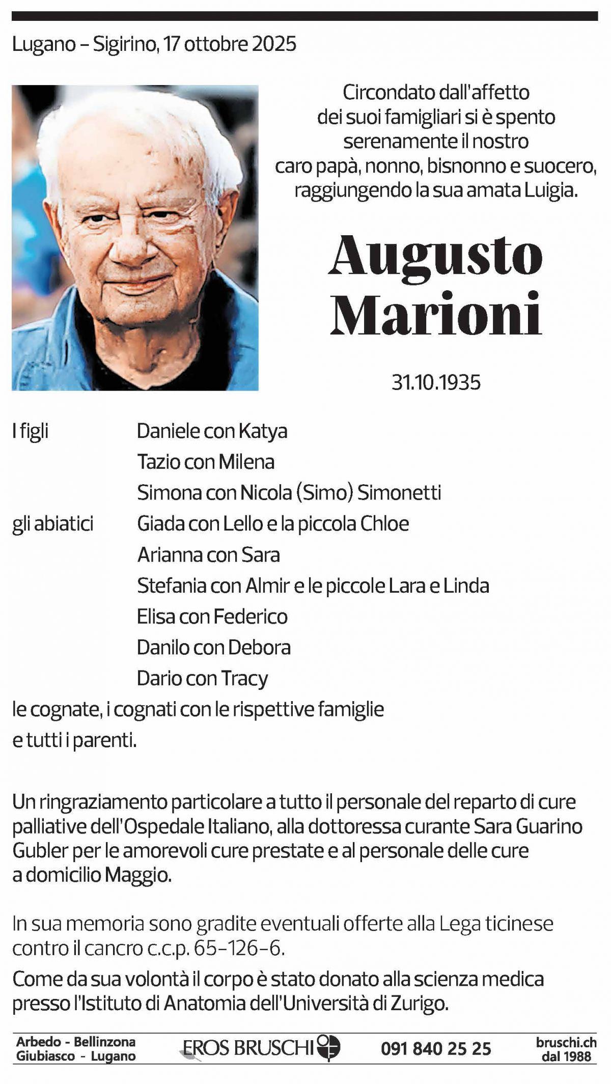 Annuncio funebre Augusto Marioni
