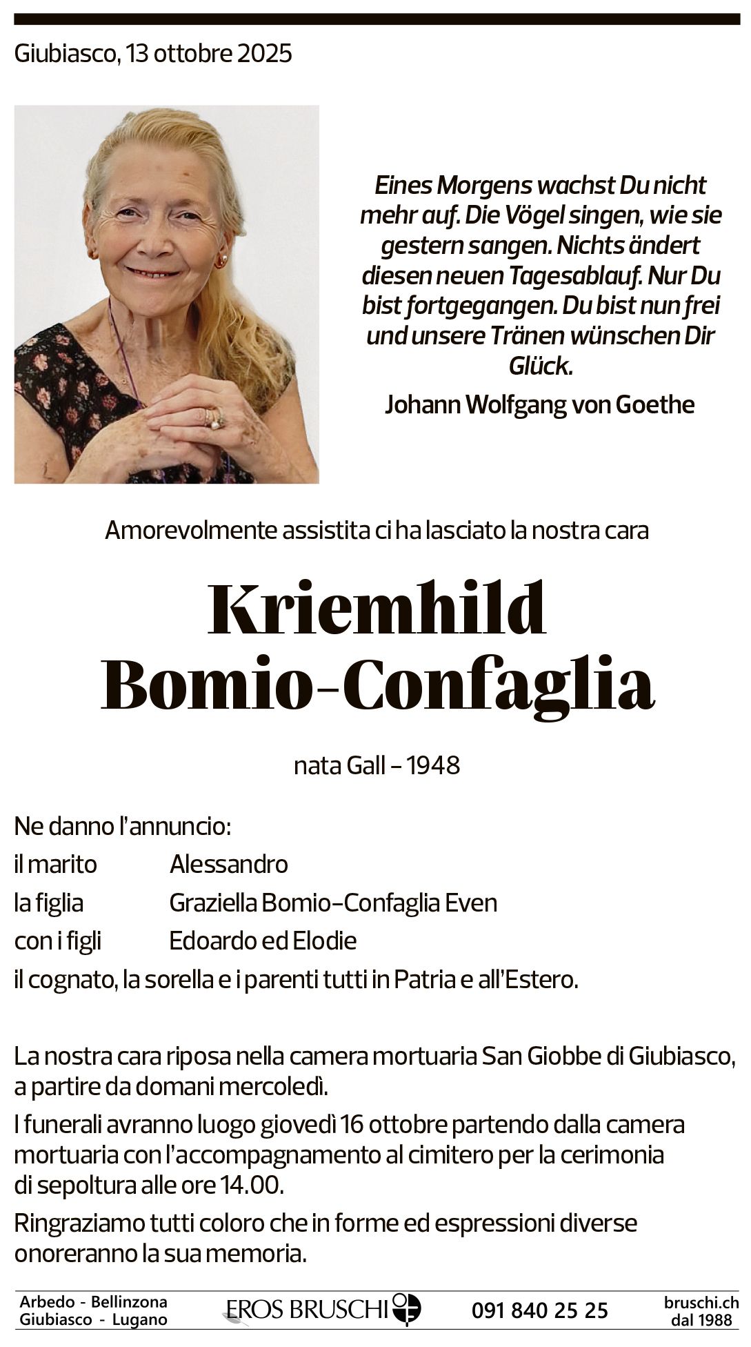 Annuncio funebre Kriemhild Bomio-confaglia