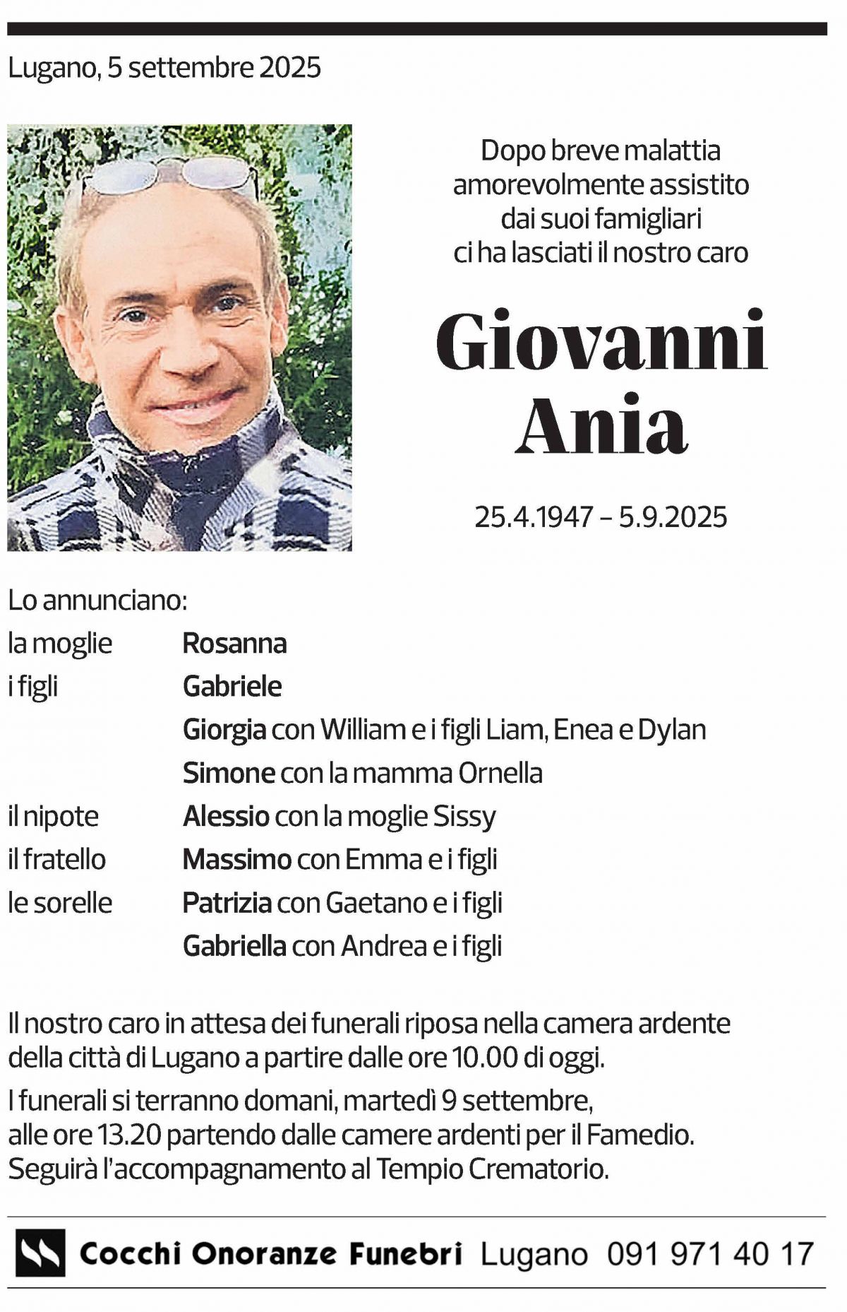 Annuncio funebre Giovanni Ania