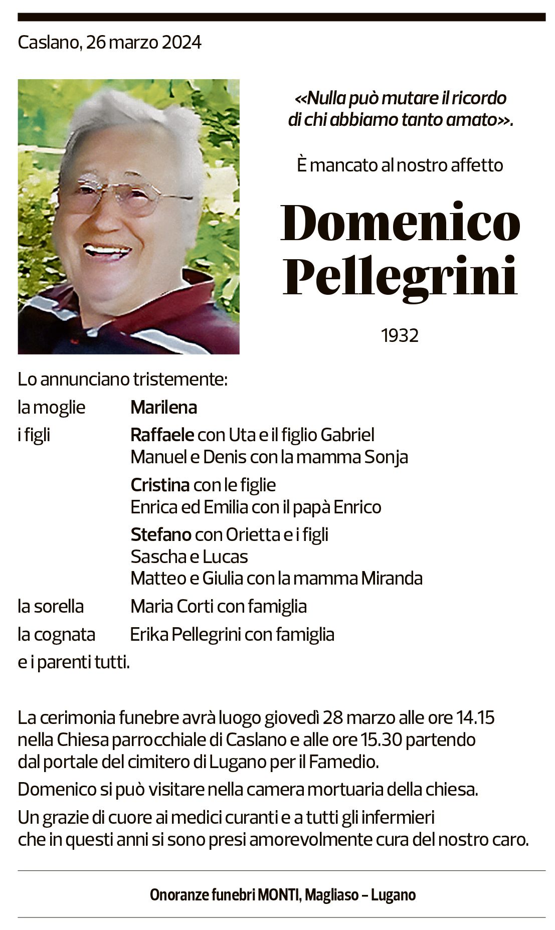 Annuncio funebre Domenico Pellegrini