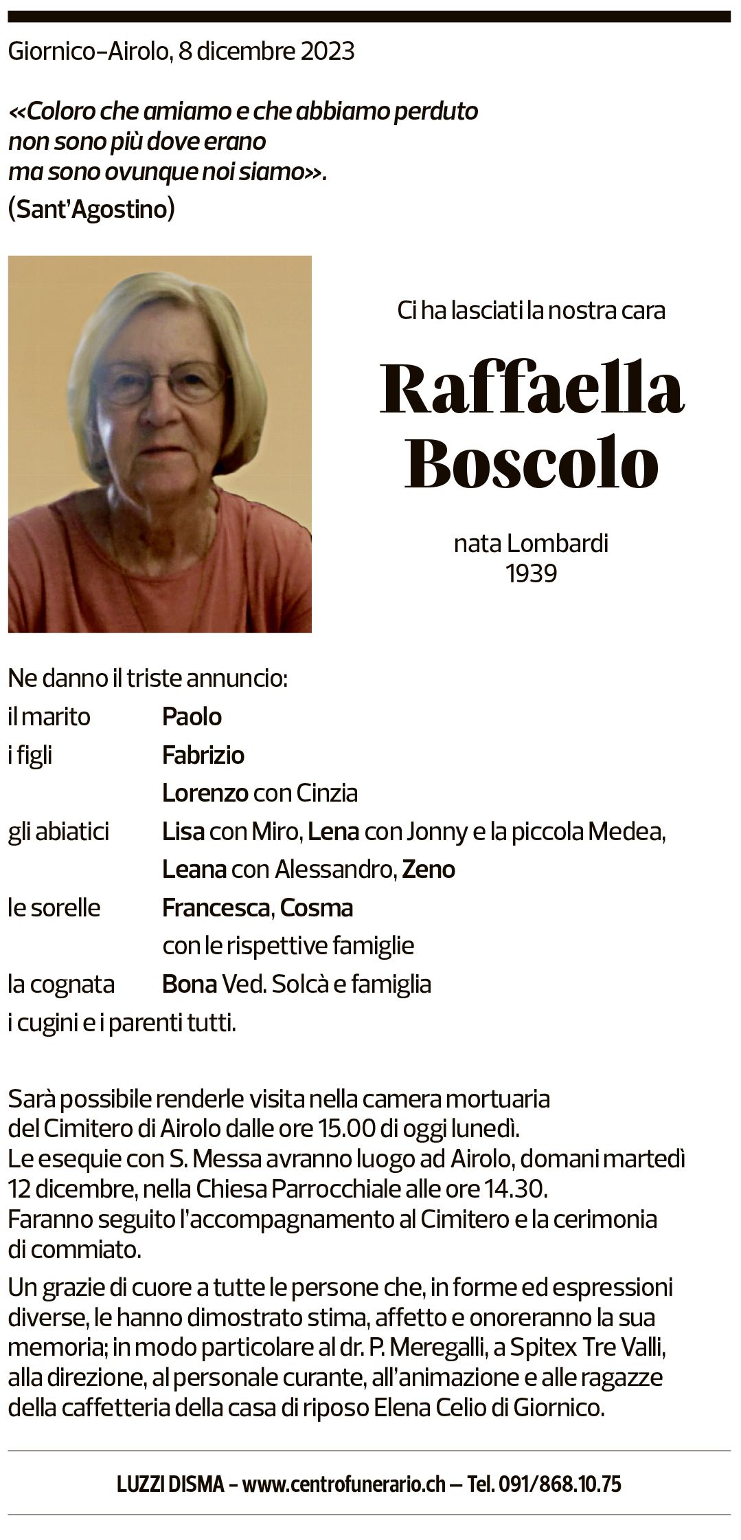 Annuncio funebre Raffaella Boscolo