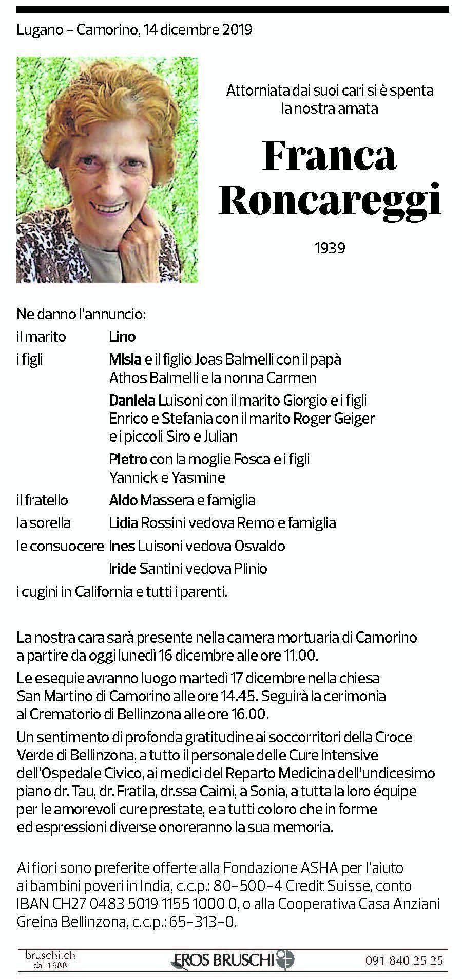 Annuncio funebre Franca Roncareggi
