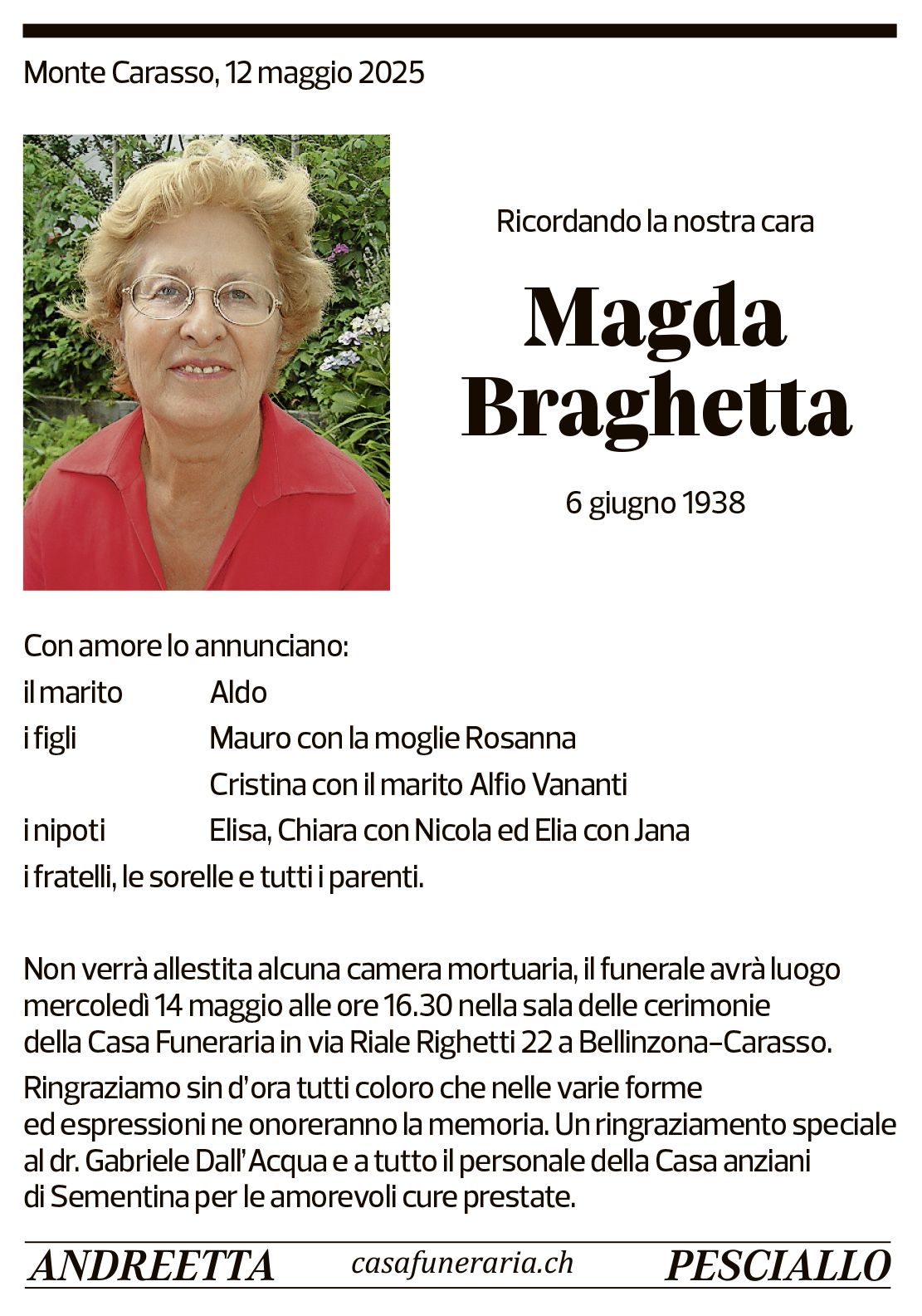 Annuncio funebre Magda Braghetta