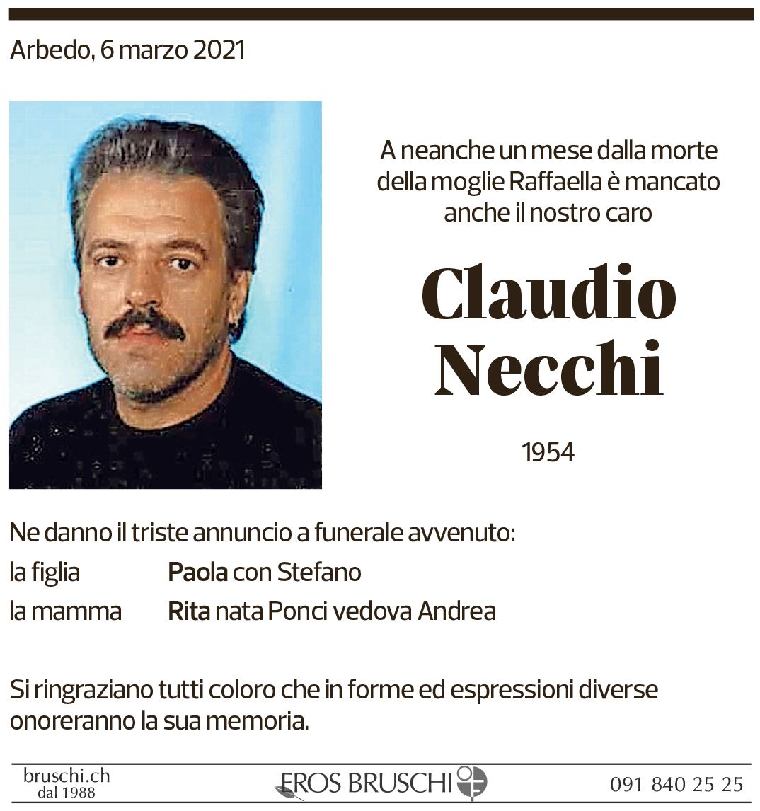 Annuncio funebre Claudio Necchi