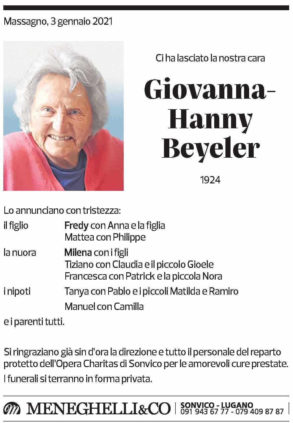 Annuncio funebre Giovanna Hanny Beyeler