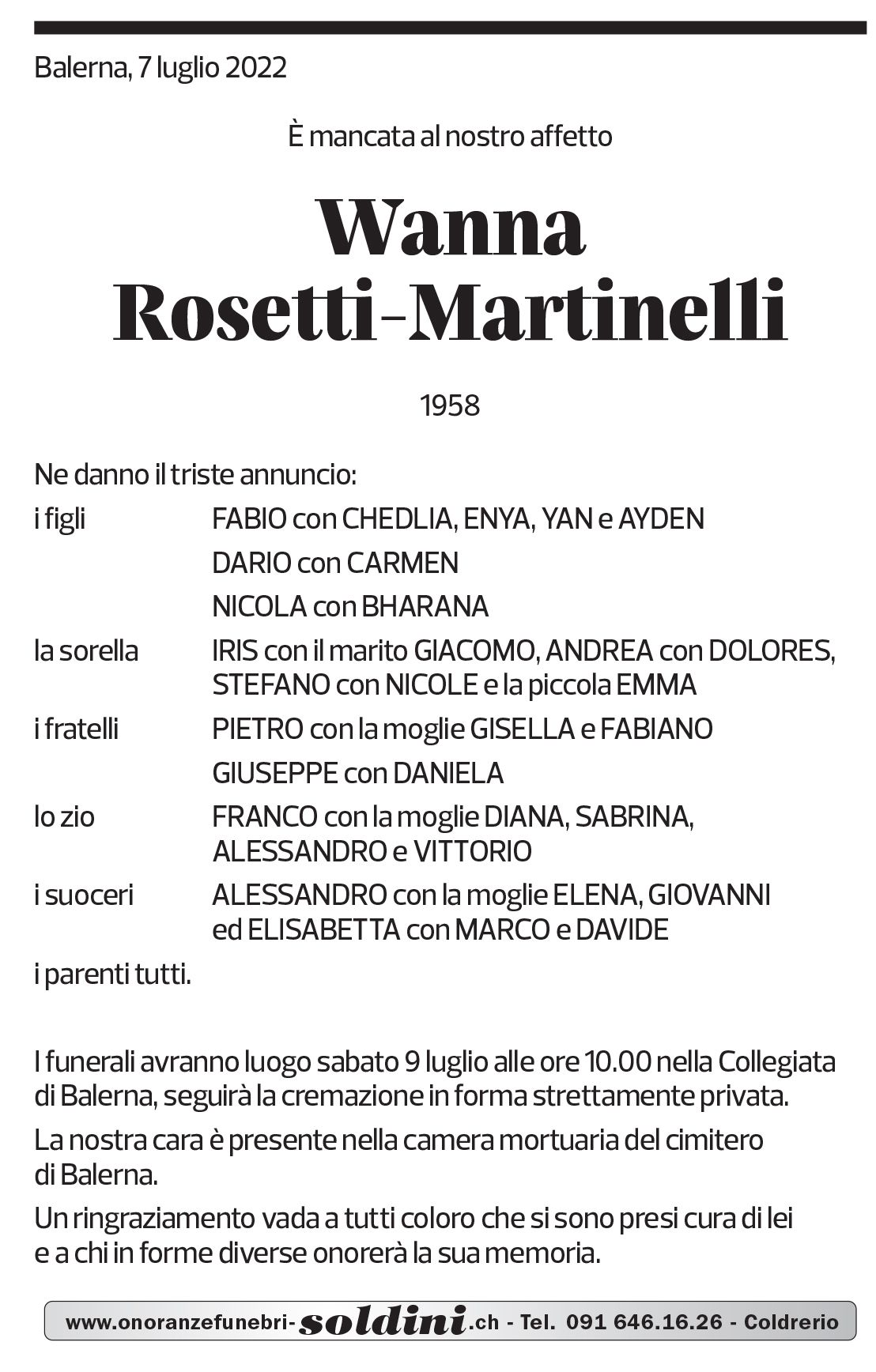 Annuncio funebre Wanna Rosetti-martinelli