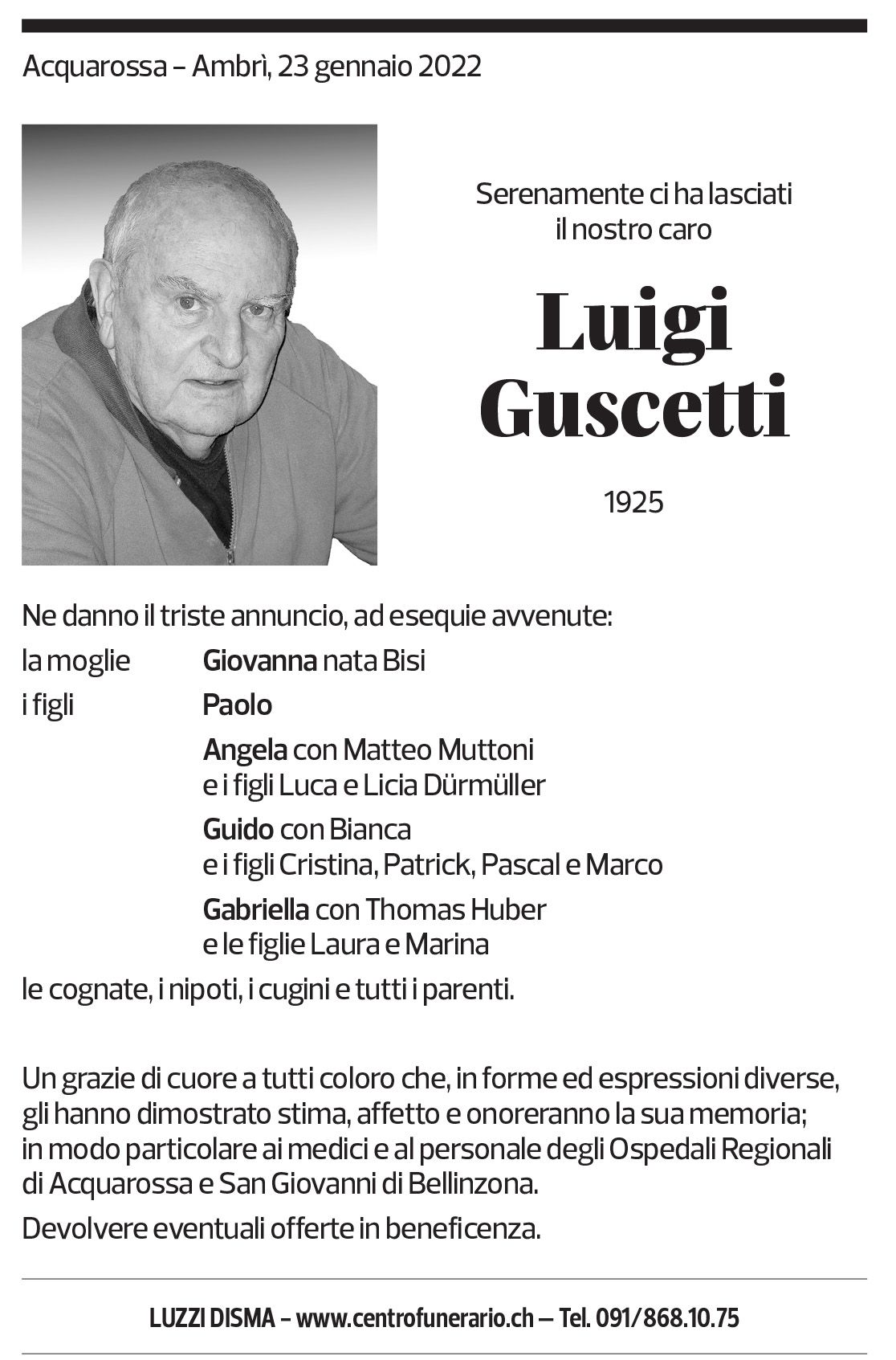 Annuncio funebre Luigi Guscetti