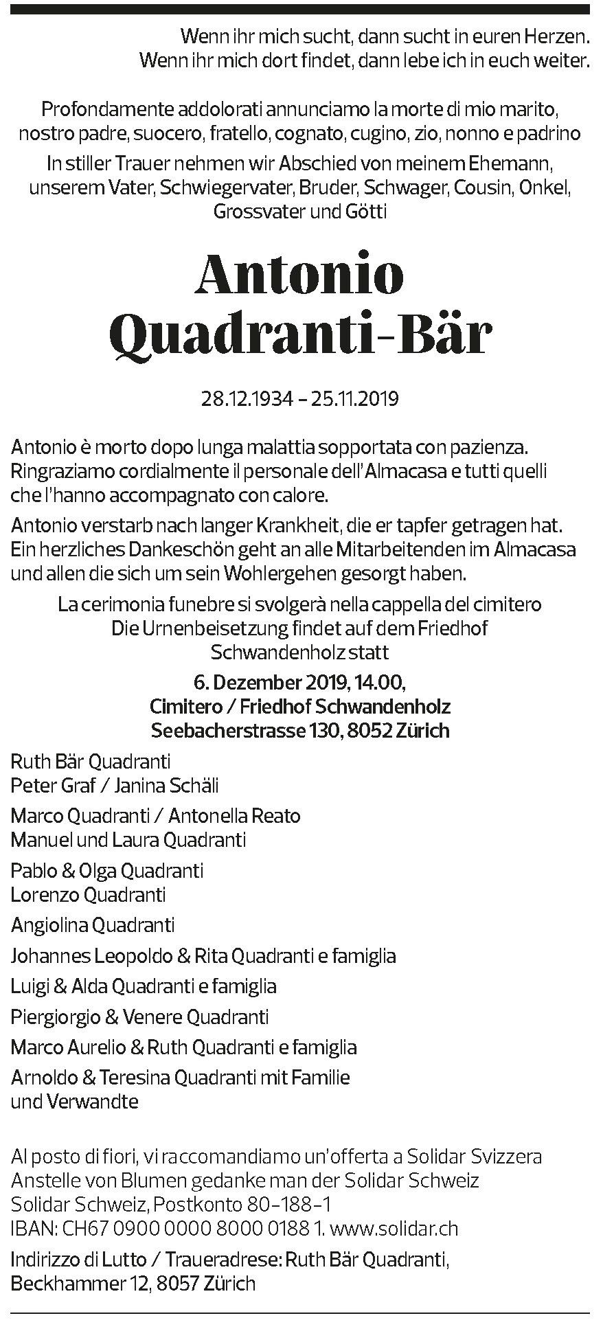 Annuncio funebre Antonio Quadranti-bär